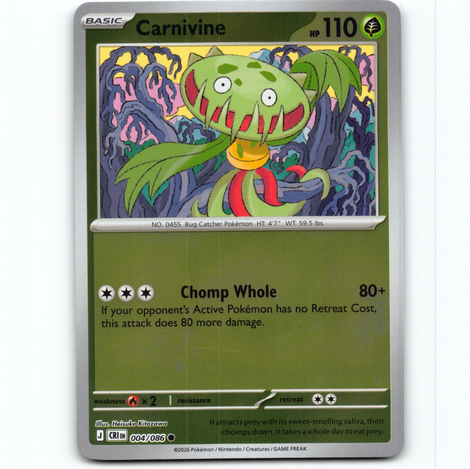 Pokémon Carnivine CRI EN 004/086 Reverse Holo Pokemon Kort Chaos Rising Mega Evolution