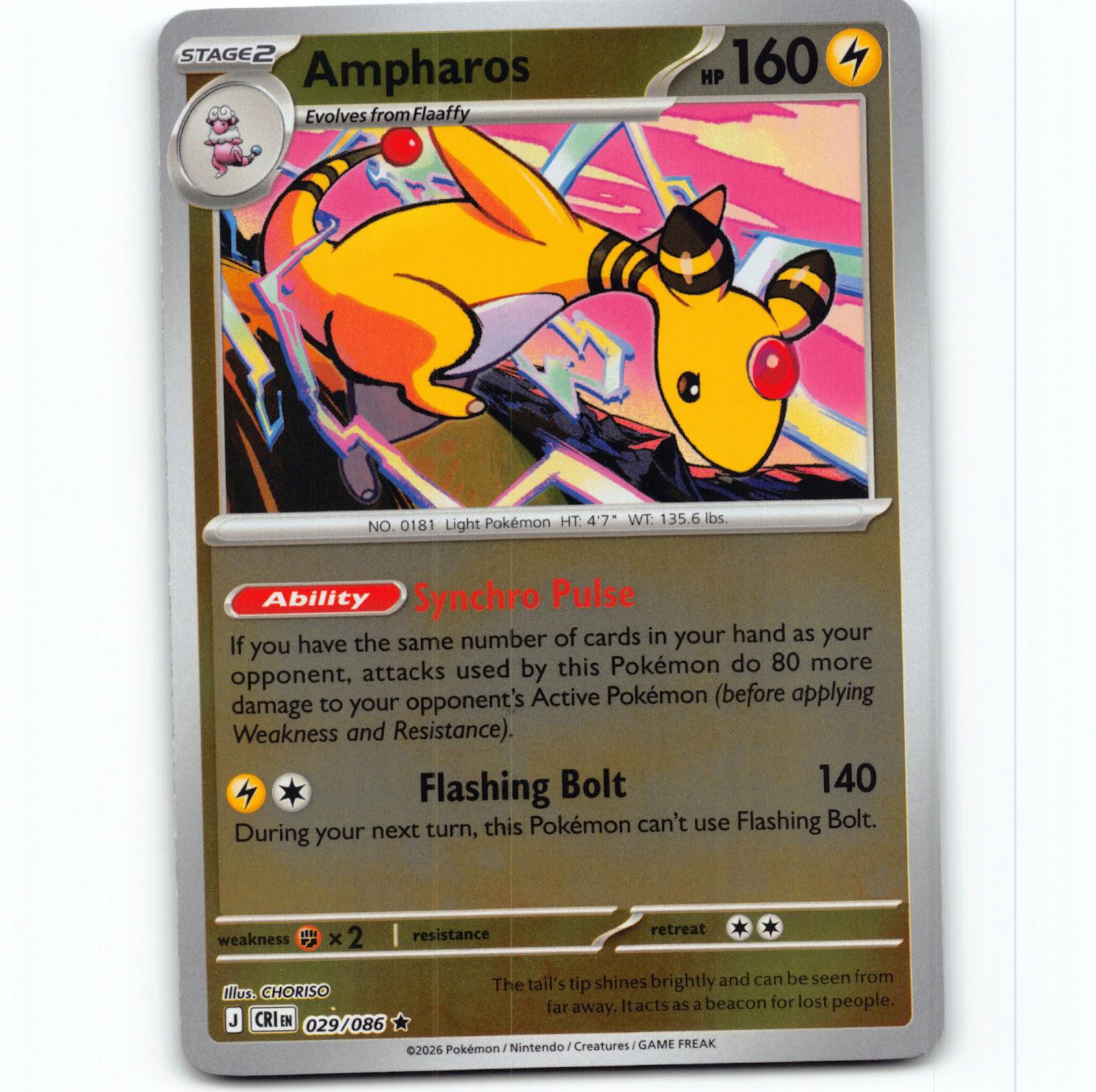 Pokémon Ampharos CRI EN 029/086 Reverse Holo Pokemon Kort Chaos Rising Mega Evolution