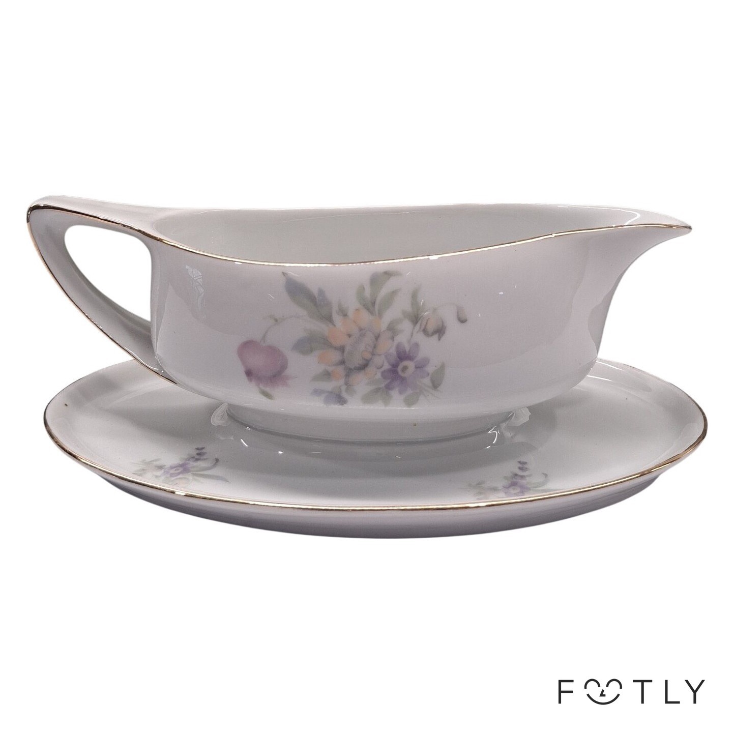 Bohemia Donatello Såsskål Porslin Blommor Vit Gulddekor Vintage Czecho-Slowakia