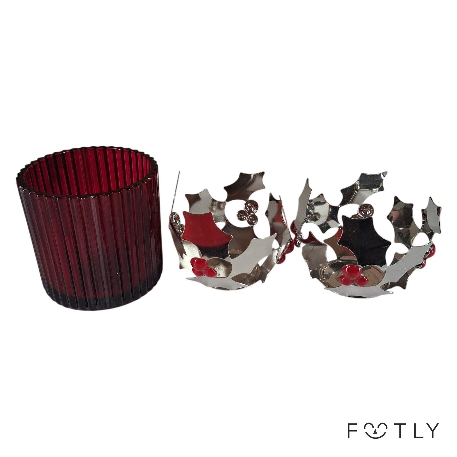 Partylite 3 st Ljuslyktor Röd Glas Silver Metall Jul Dekor