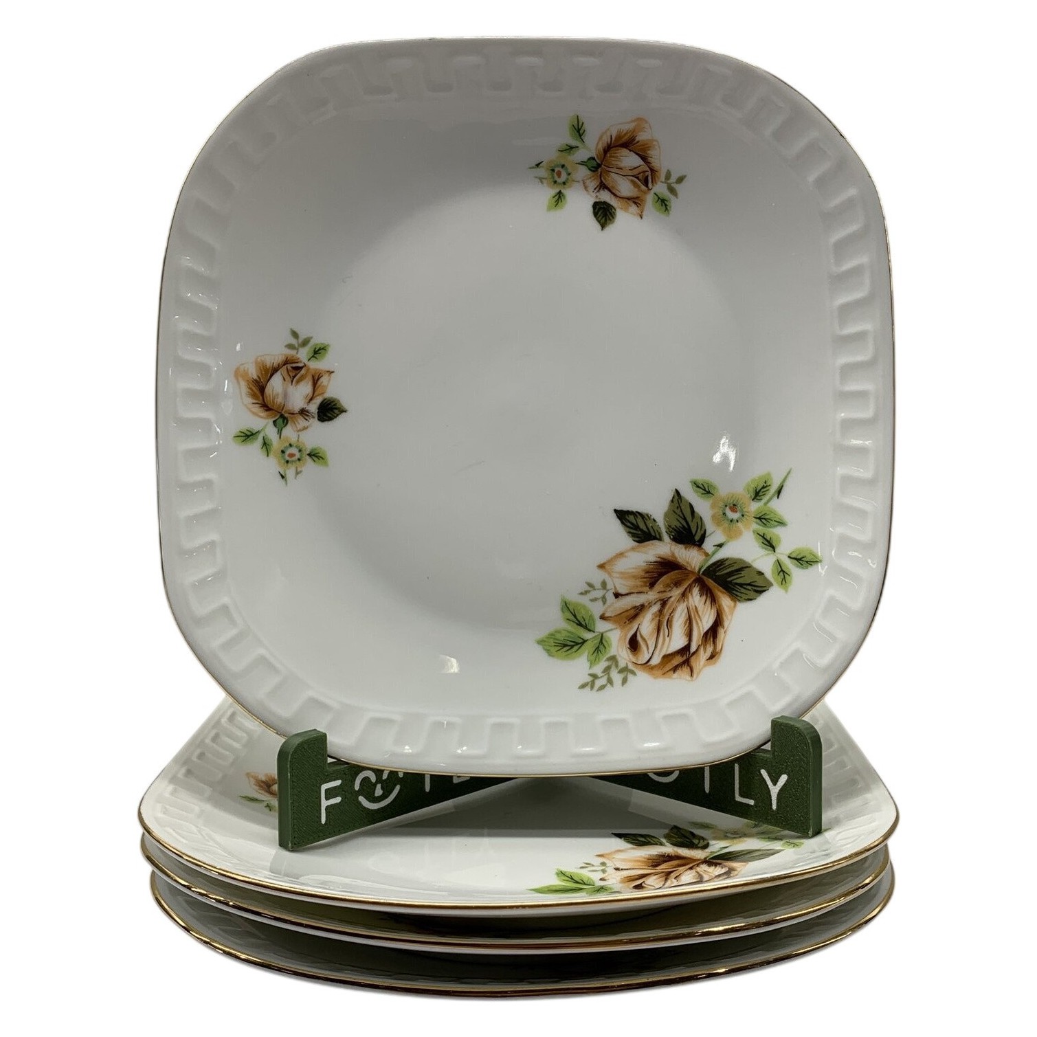 Wawel 4 st Assietter Porslin Blommor Gulddekor Fyrkantig Retro Made in Poland