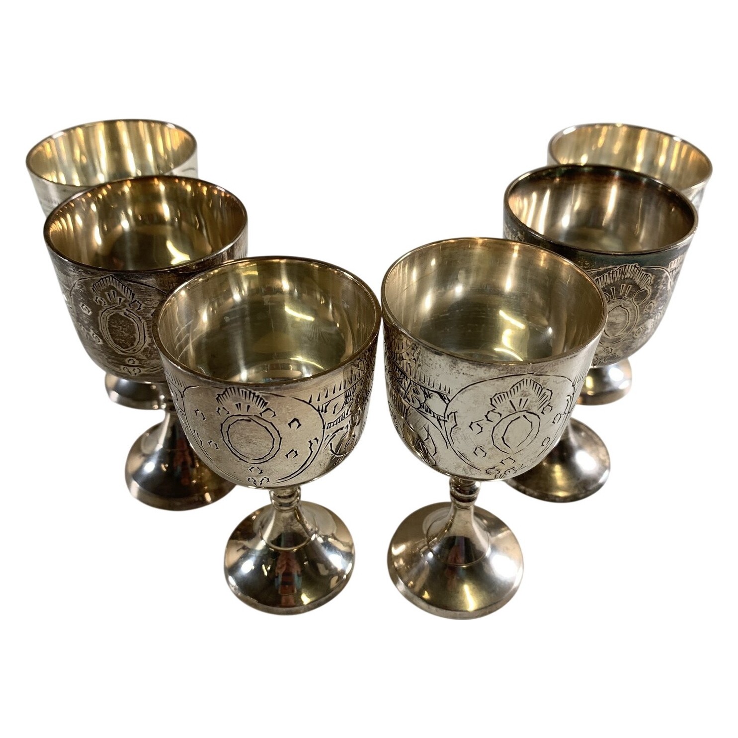Nysilver 6 st Snapsglas på Fot Ny Silver Graverad Metall Vintage