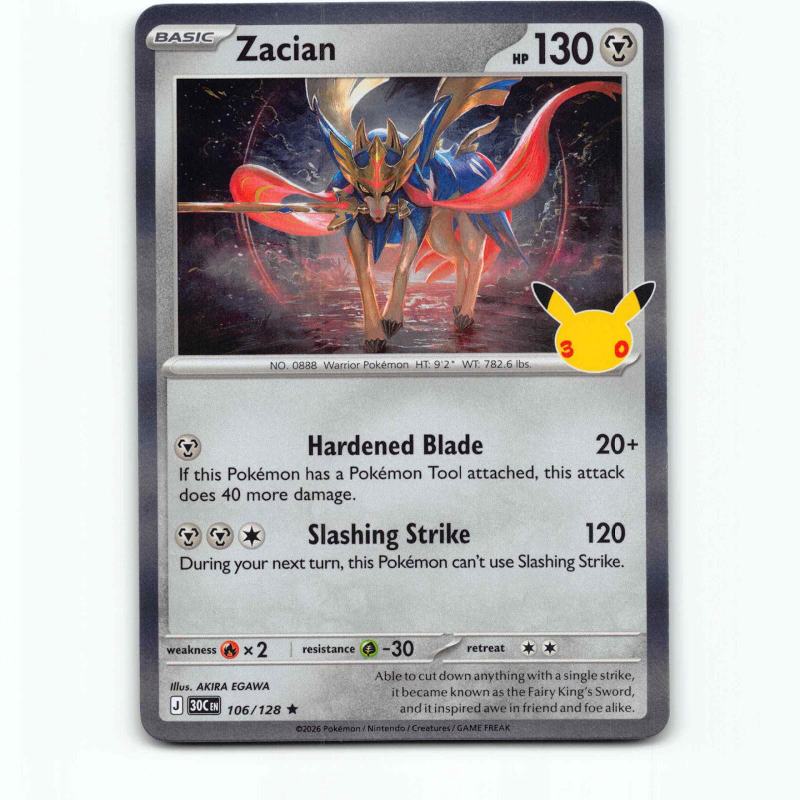 Zacian 106 Holo Pokémon 30C EN 106/128 30th Celebration Pokemon Kort