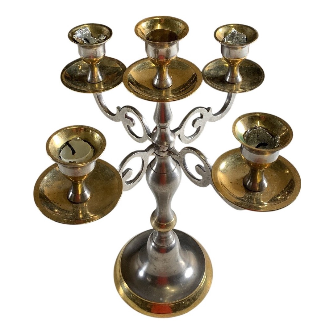 Mässing Kandelaber 5 Armad Handgjord Ljusstake Elegant Design Retro Vintage