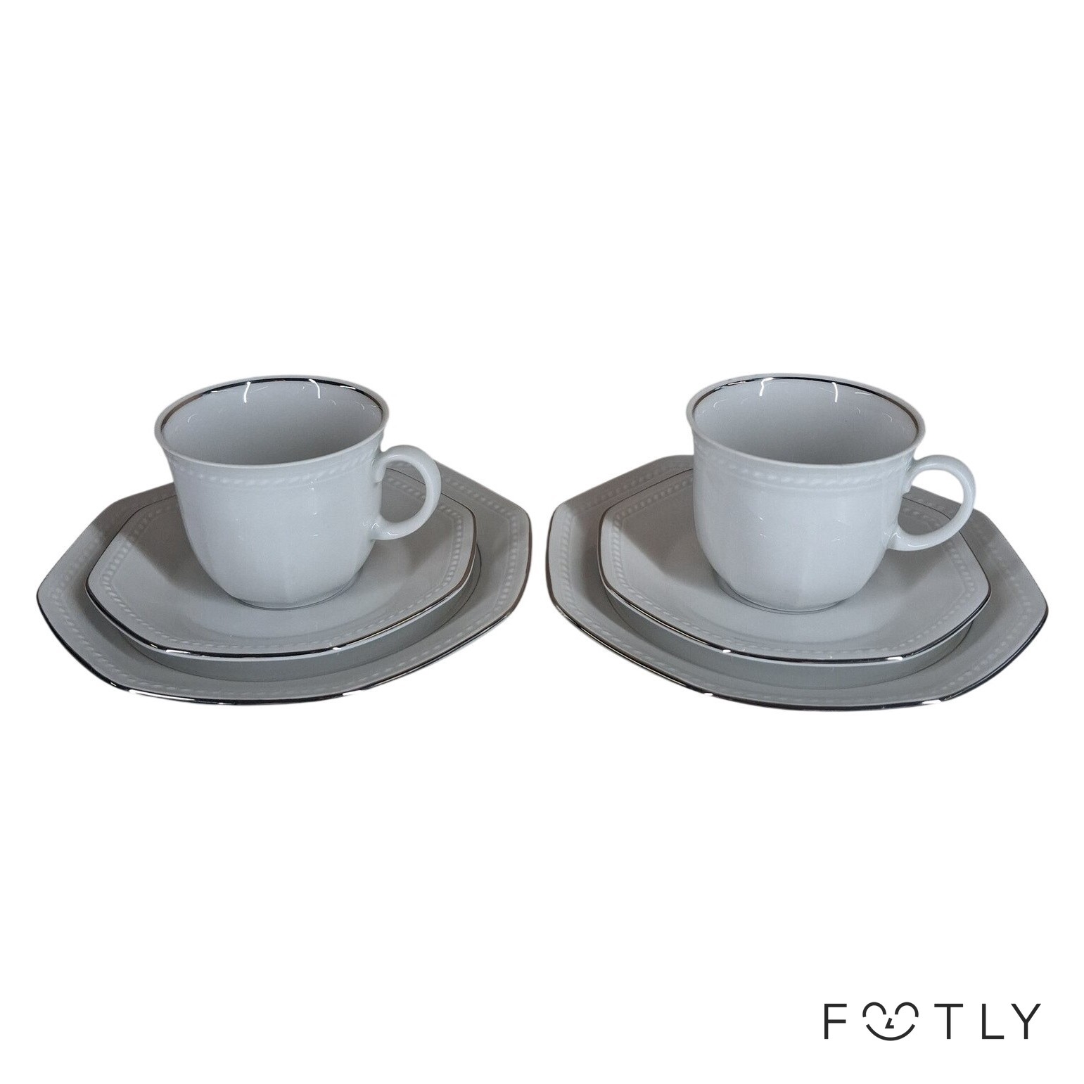 Schirnding Bavaria 2 st Kaffekoppar Fat Assietter Vit Silverkant Porslin Set
