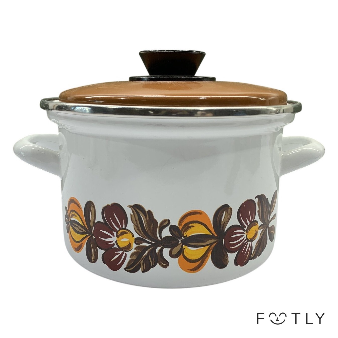 Gryta Med Lock Vintage Emalj Blommor Vit Brun Orange Kastrull Retro