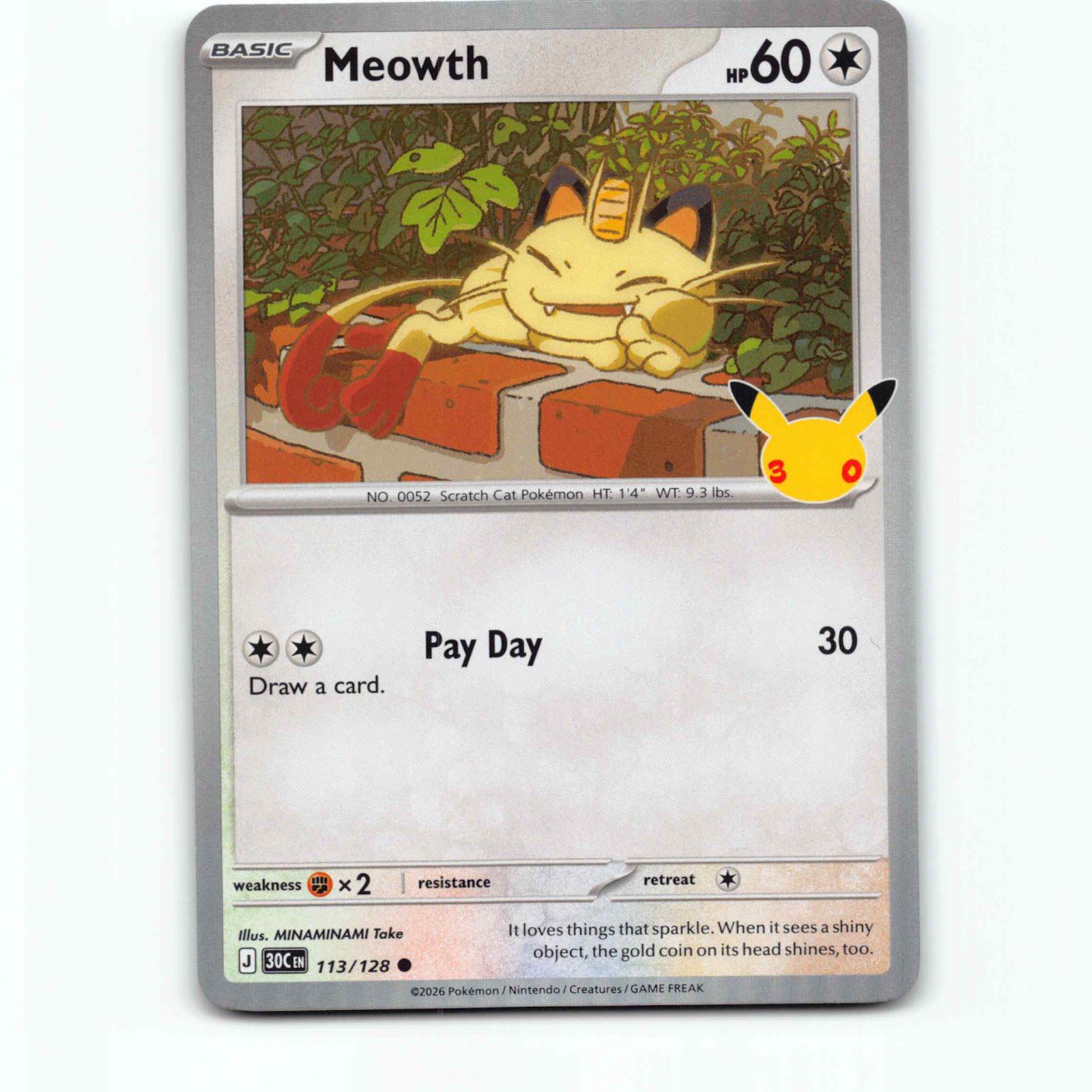 Meowth 113 Holo Pokémon 30C EN 113/128 30th Celebration Pokemon Kort