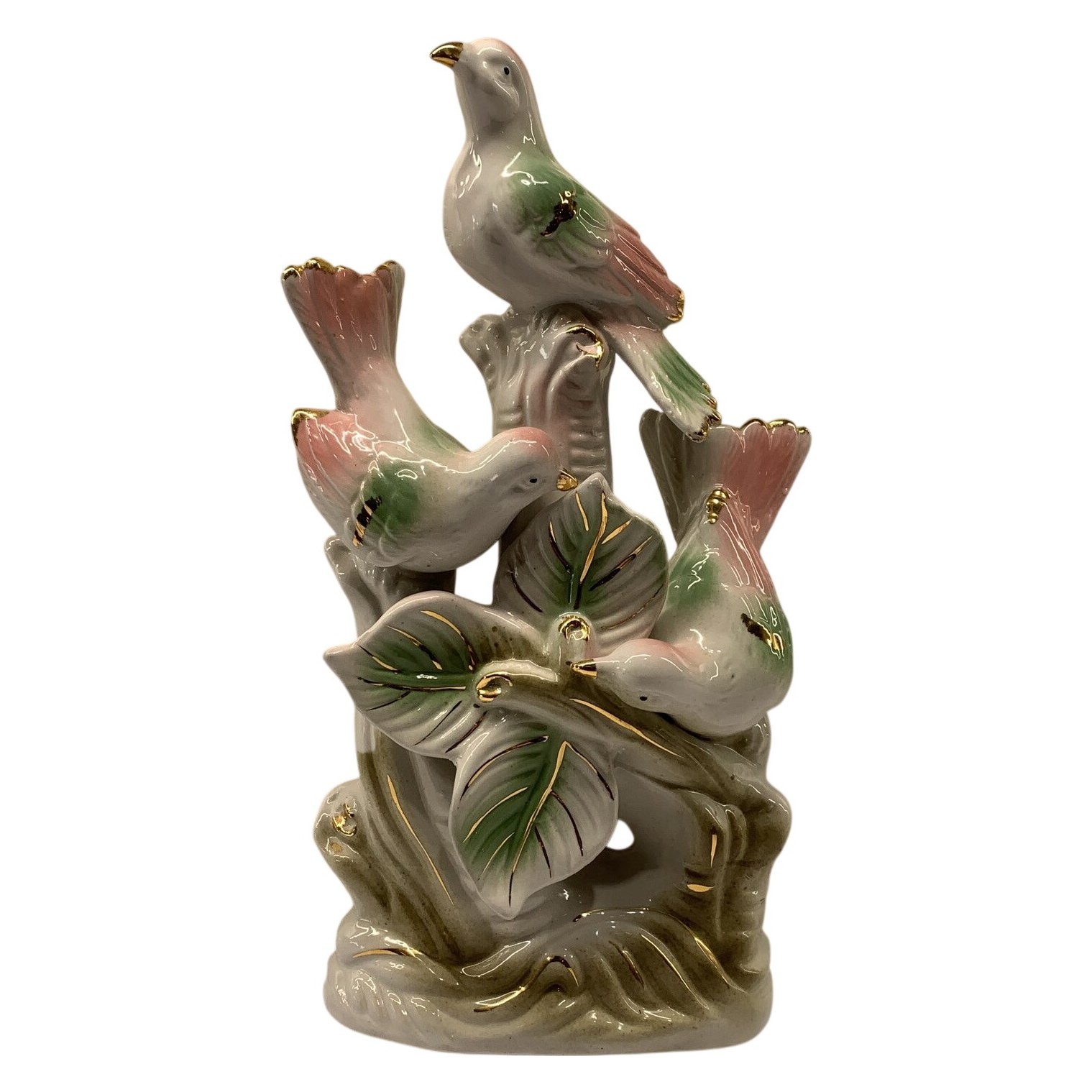 Fågel Figur Porslin Rosa Grön Vit Guld Dekor Skulptur Prydnad