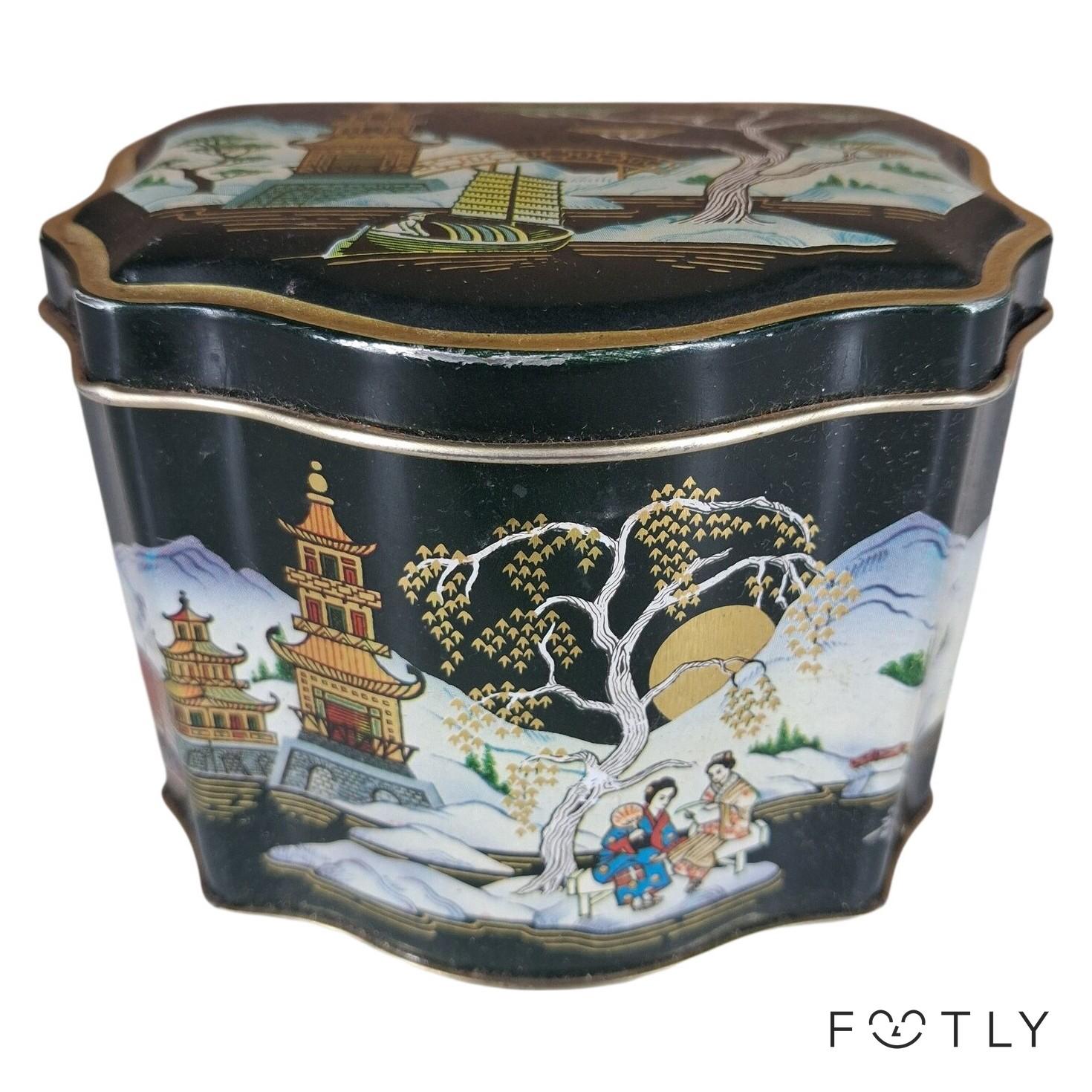 Plåtburk Vintage Asiatisk Dekor Svart Guld Te Burk Metallburk Lock
