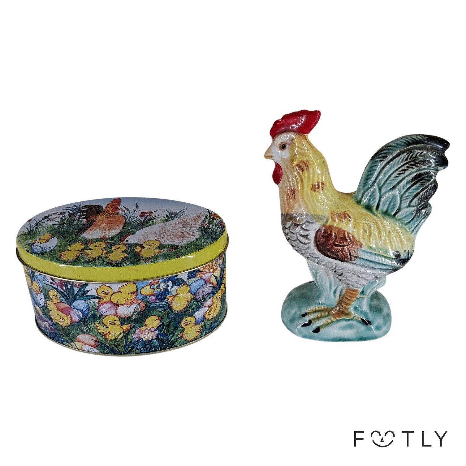 2 st Påsk Dekor Höns Tupp Plåtburk Kycklingar Keramik Figur Vintage Import