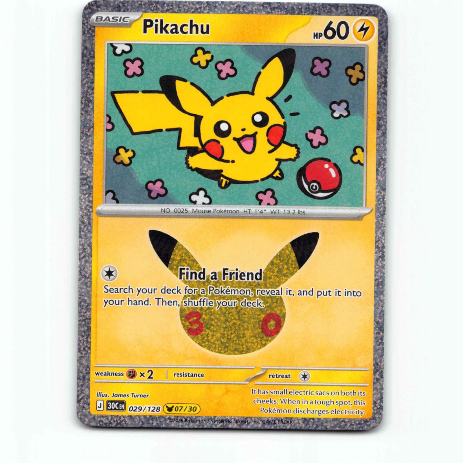 Pikachu 29 30th Celebration 07/30 Holo Pokémon 30C EN 029/128 Pokemon Kort