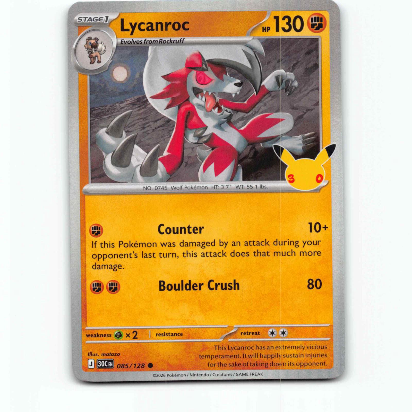 Lycanroc 85 Holo Pokémon 30C EN 085/128 30th Celebration Pokemon Kort
