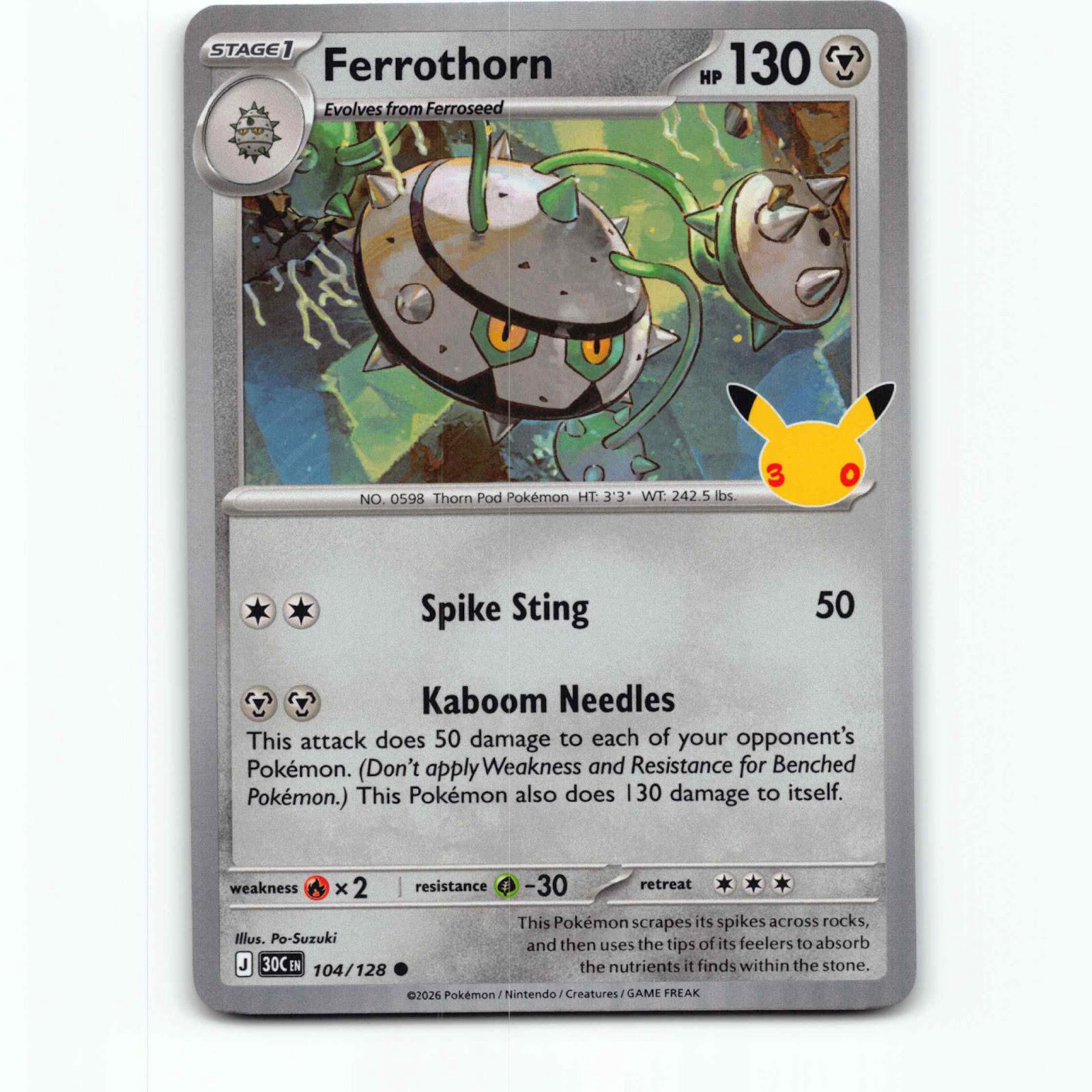 Ferrothorn 104 Holo Pokémon 30C EN 104/128 30th Celebration Pokemon Kort