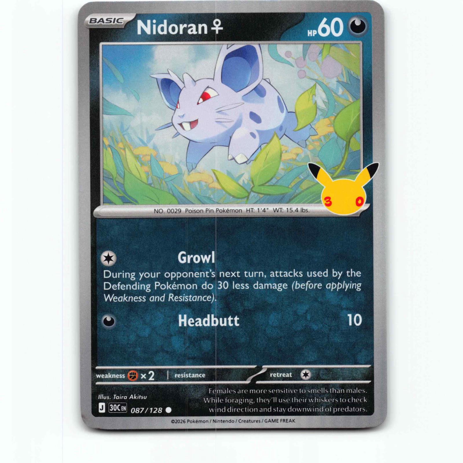Nidoran♀ 87 Holo Pokémon 30C EN 087/128 30th Celebration Pokemon Kort