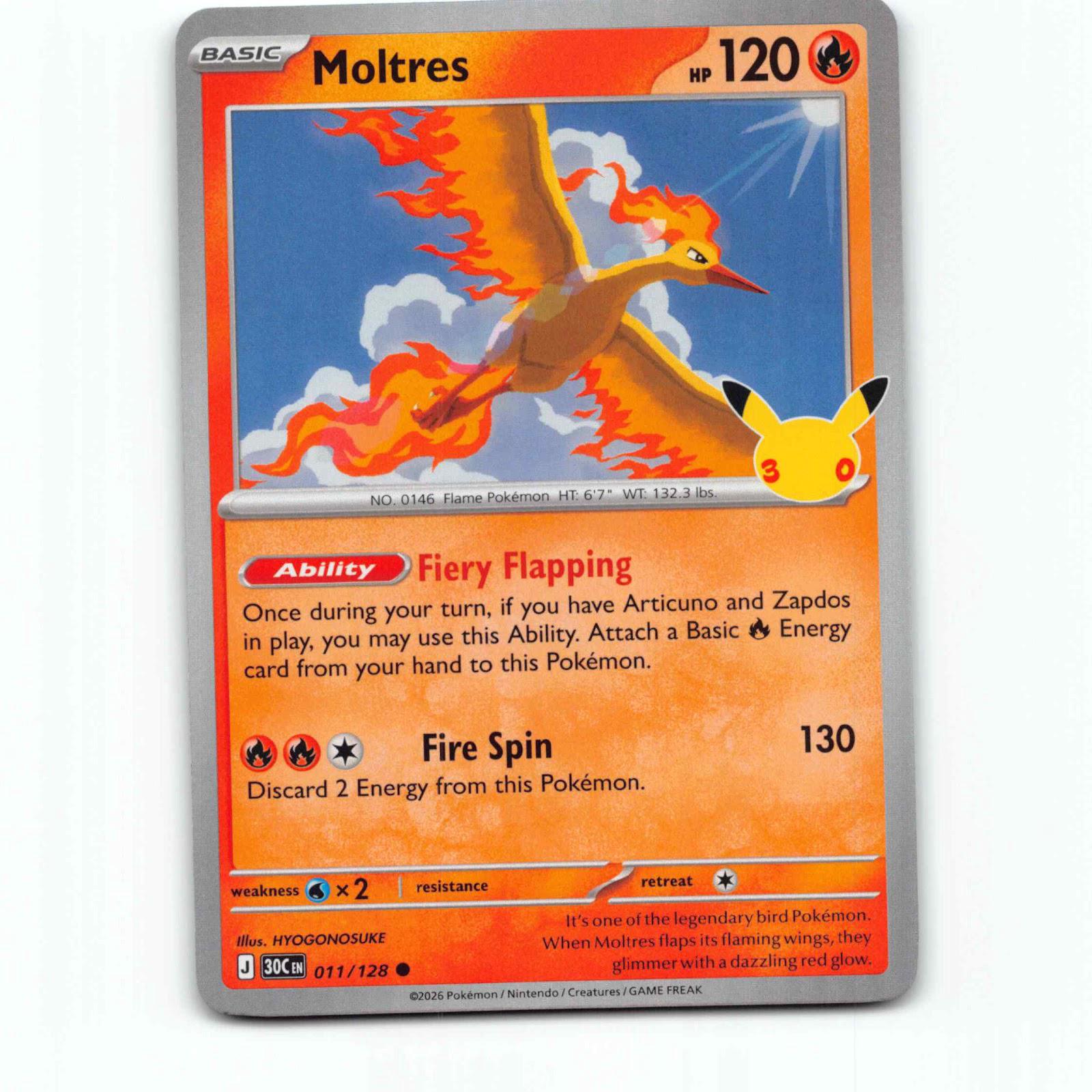Moltres 11 Holo Pokémon 30C EN 011/128 30th Celebration Pokemon Kort