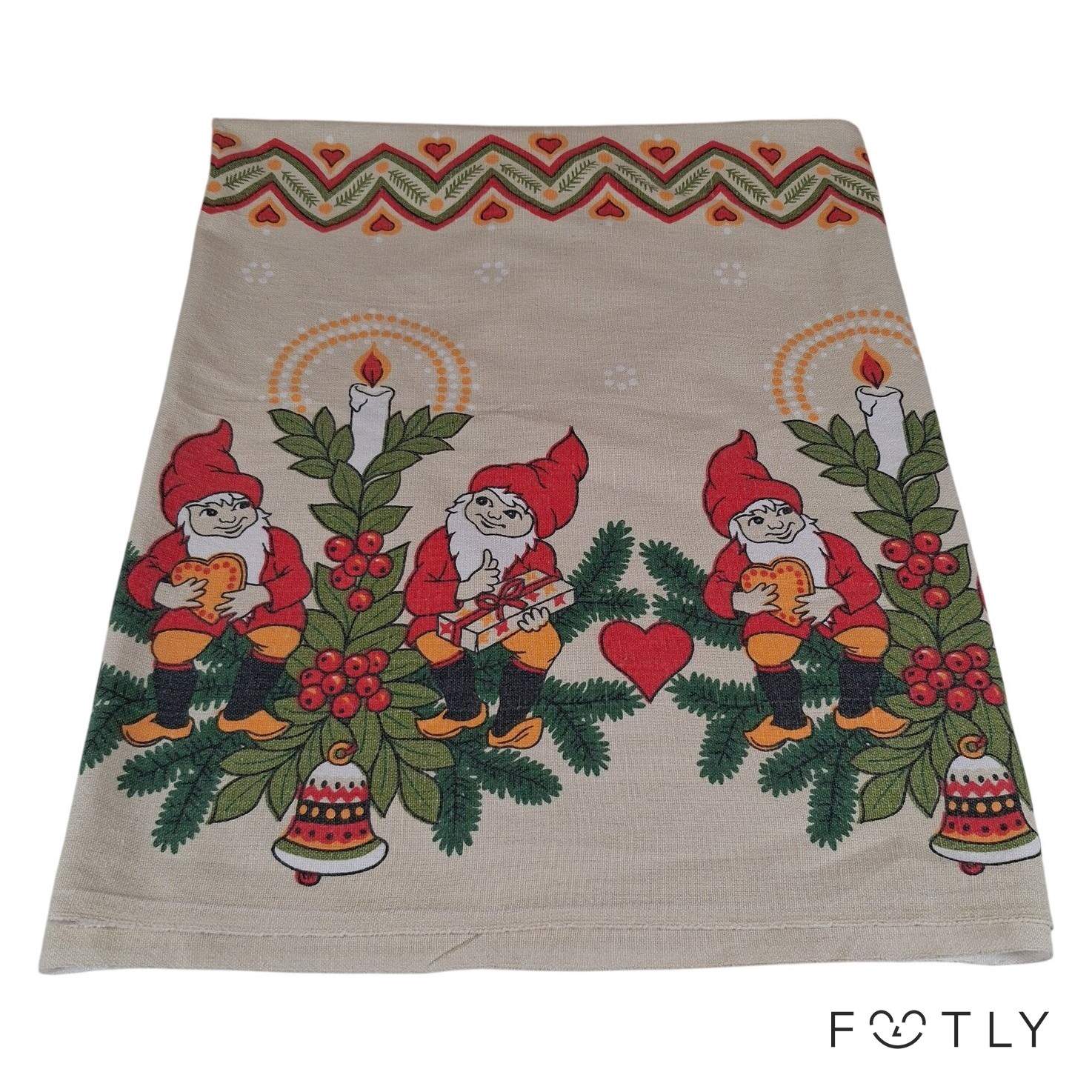 Julduk Vintage Tomtar Ljus Hjärta 66x45 cm Bomull Duk Jultextil Röd Grön