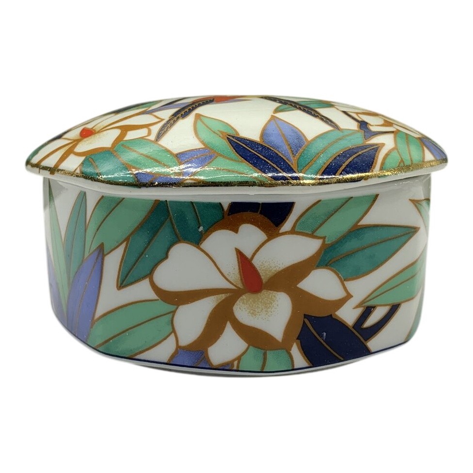 Burk Med Lock Porslin Blommor Fågel Flerfärgad Vintage Asiatisk Dekor Skål