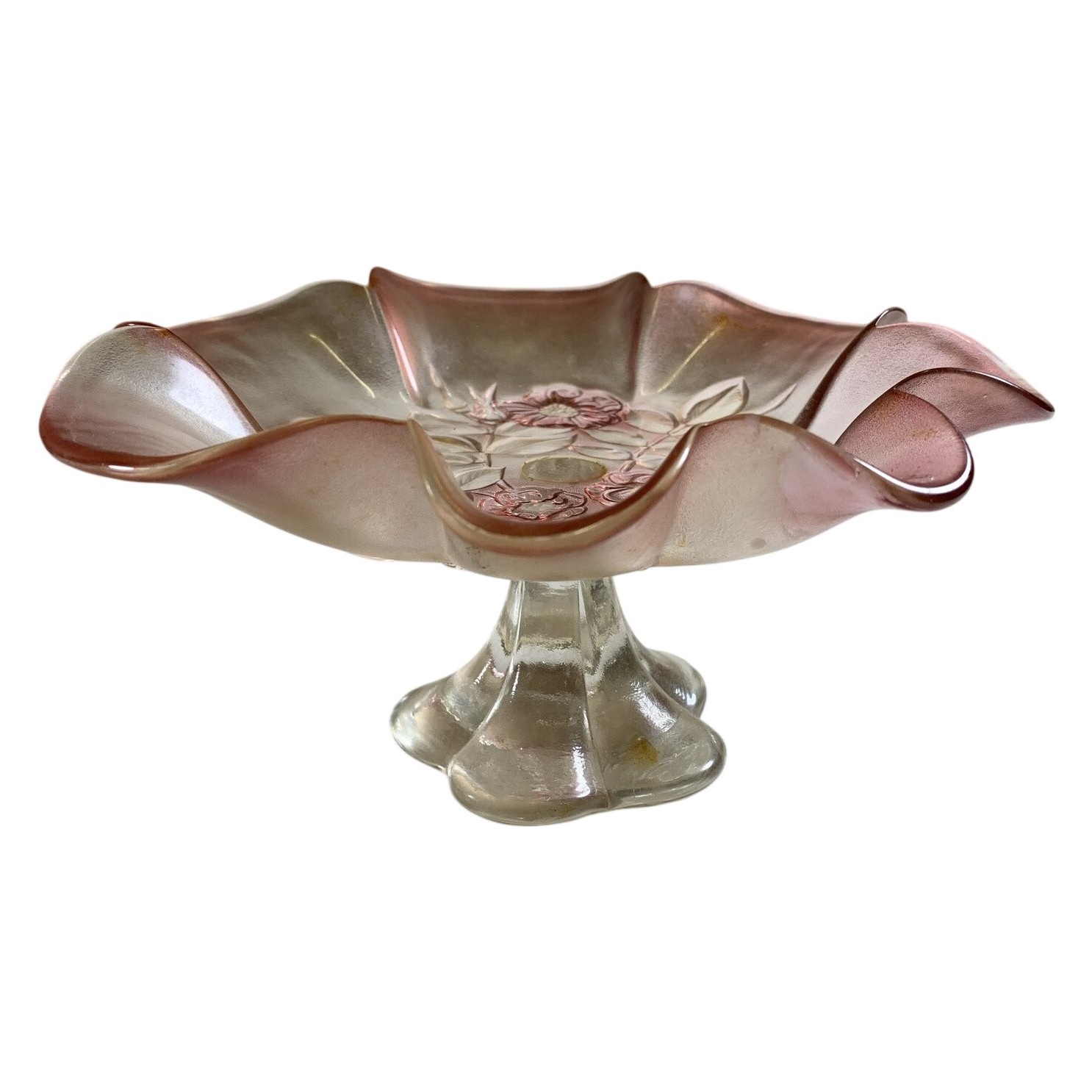 Glasskål På Fot Rosa Blommor Pressglas Dekor Skål Retro Konstglas Vintage Design