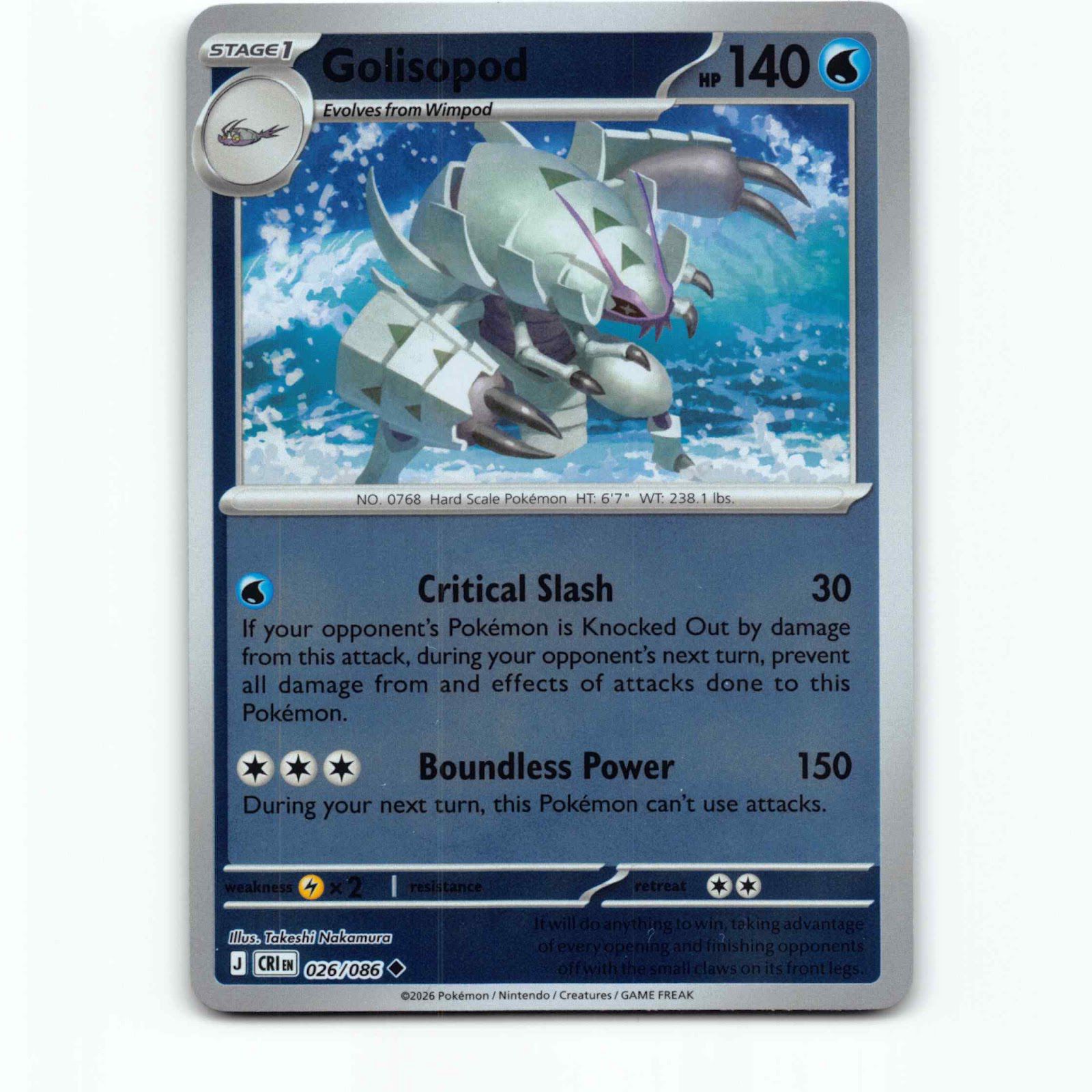 Golisopod 26 Reverse Holo Pokémon CRI EN 026/086 Chaos Rising Pokemon Kort