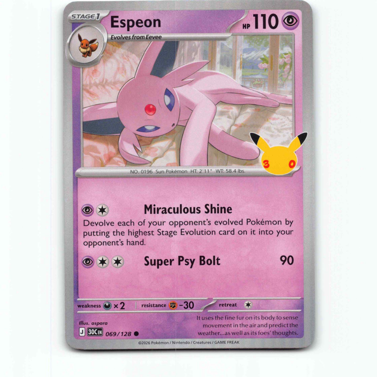 Espeon 69 Holo Pokémon 30C EN 069/128 30th Celebration Pokemon Kort