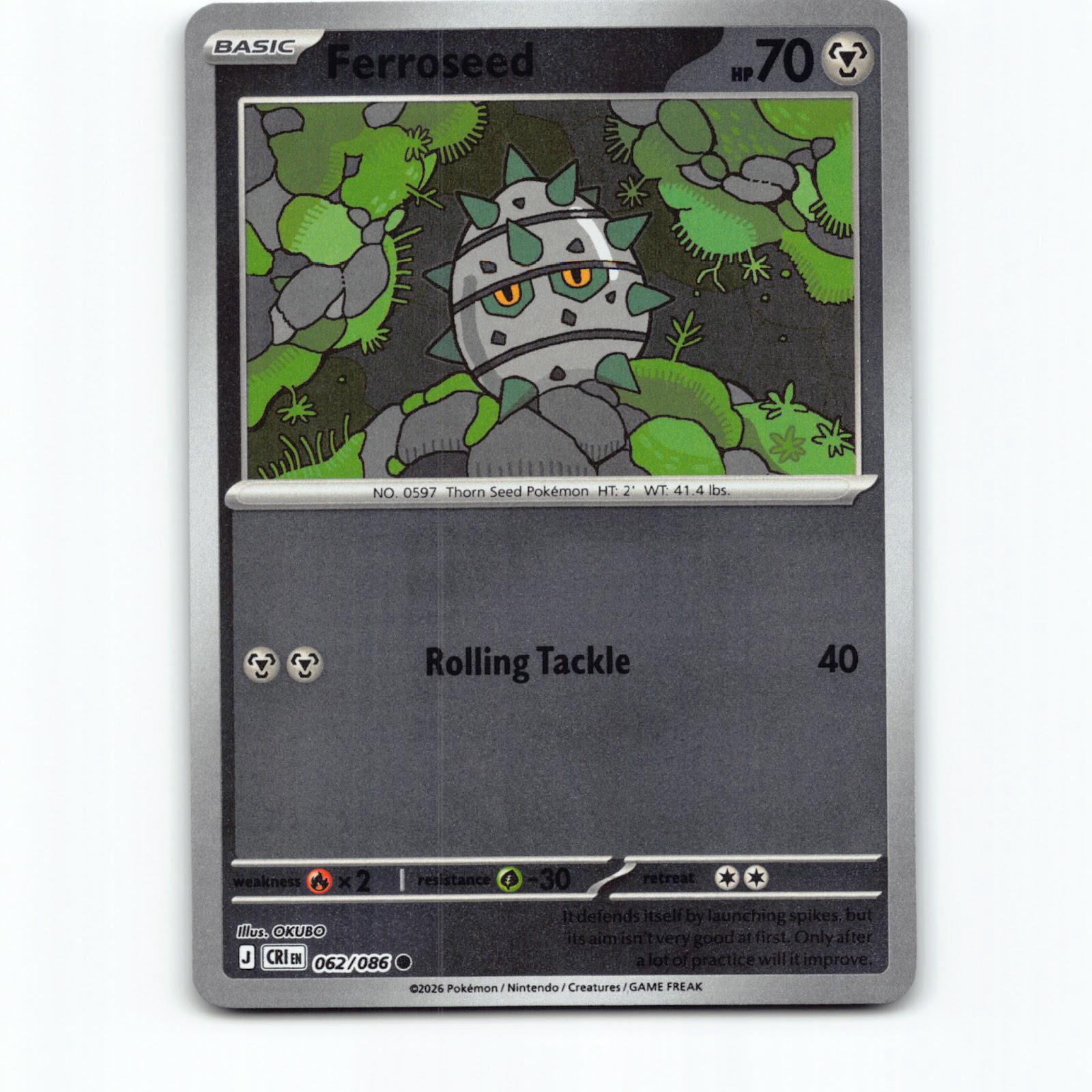 Pokémon Ferroseed CRI EN 062/086 Reverse Holo Pokemon Kort Chaos Rising Mega Evo