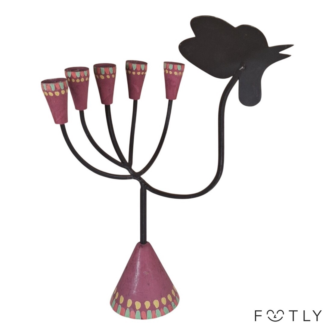 Ljusstake Tupp Femarmad Vintage Metall Trä Rosa Handmålad Ljusstake Retro
