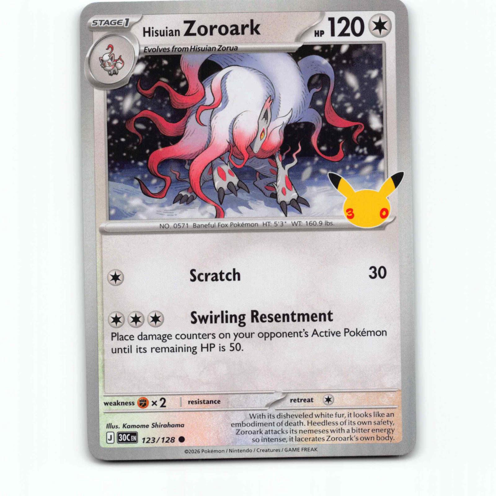 Hisuian Zoroark 123 Holo Pokémon 30C EN 123/128 30th Celebration Pokemon Kort