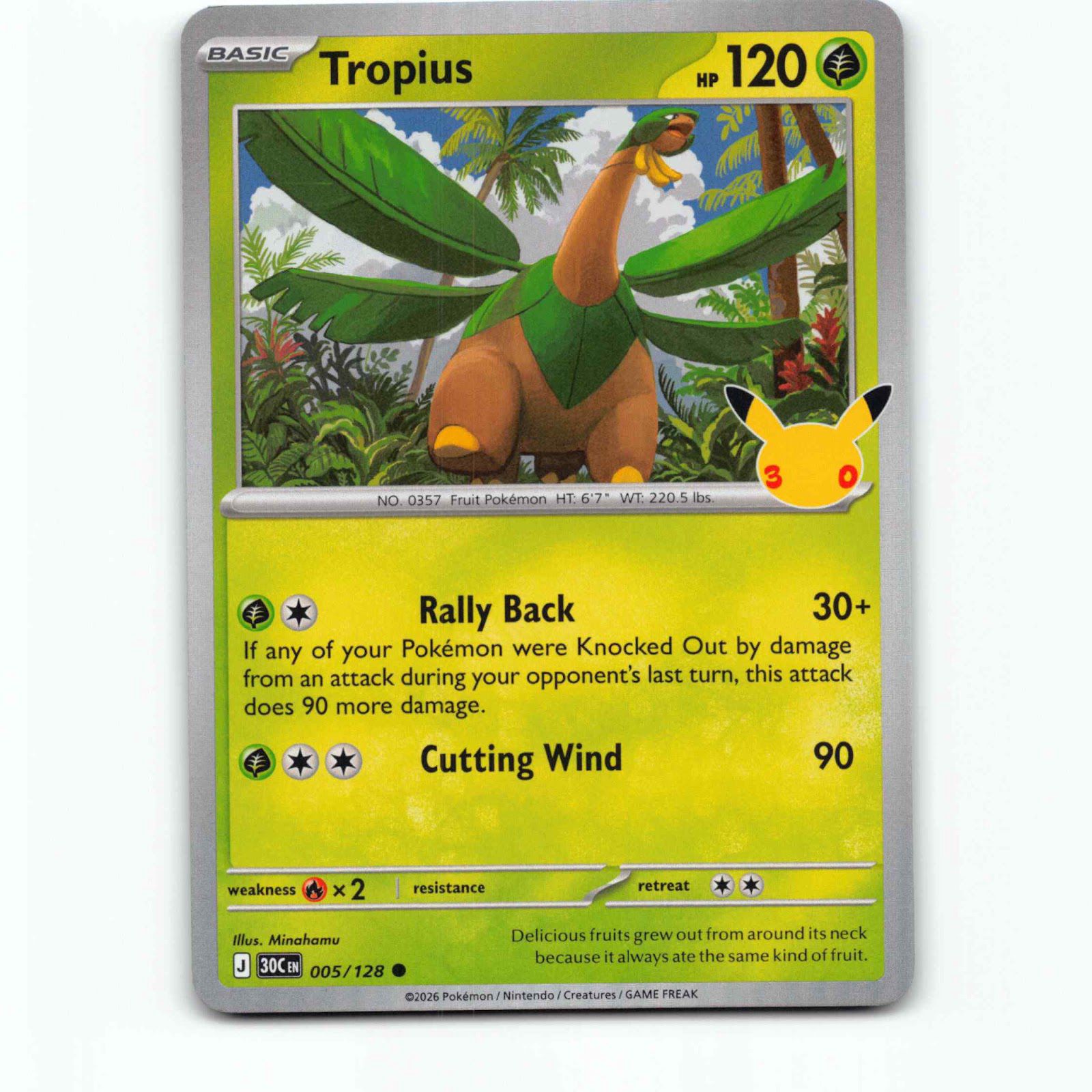 Tropius 5 Holo Pokémon 30C EN 005/128 30th Celebration Pokemon Kort