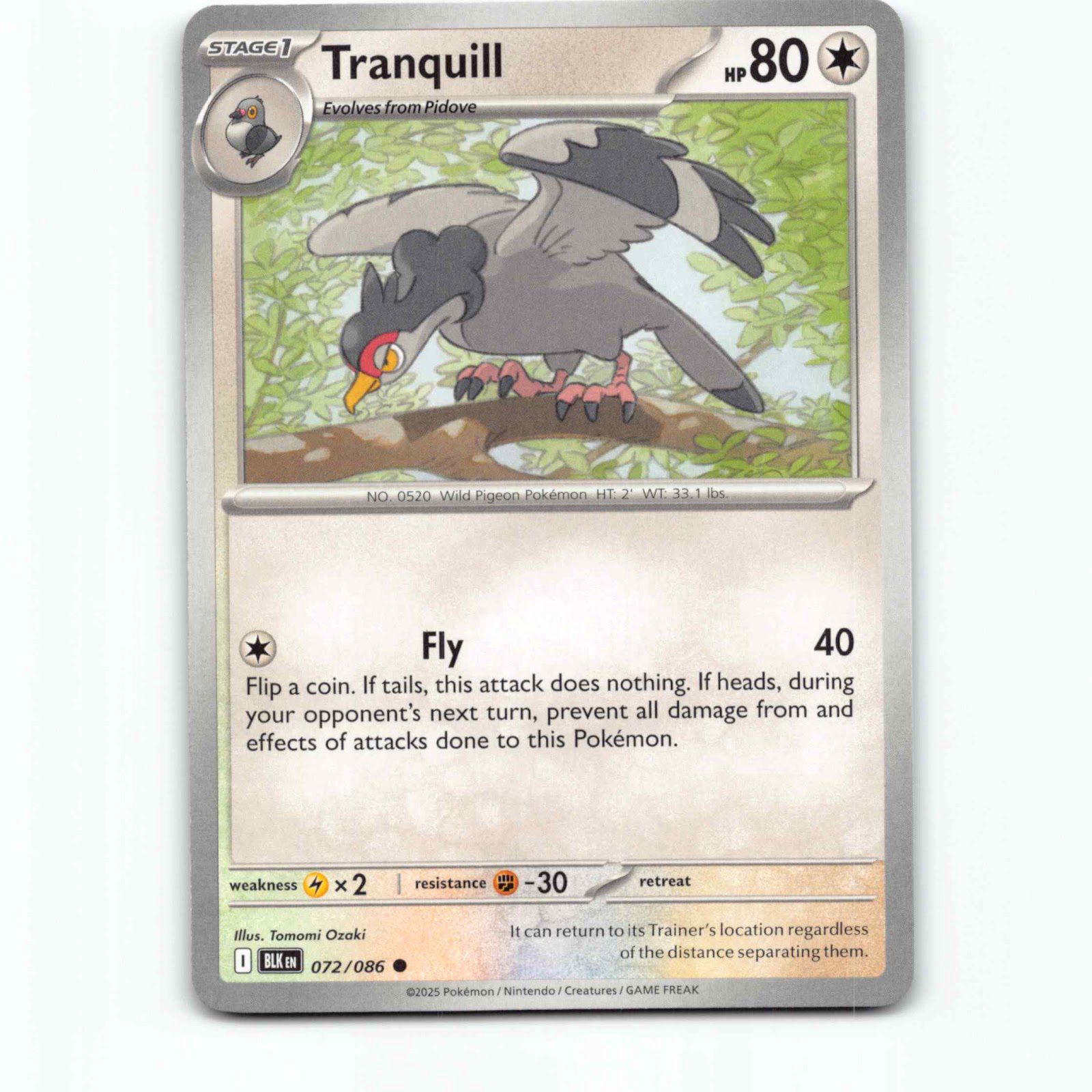 Tranquill 072/086 Pokémon BLK EN Black Bolt Pokemon Kort Scarlet & Violet