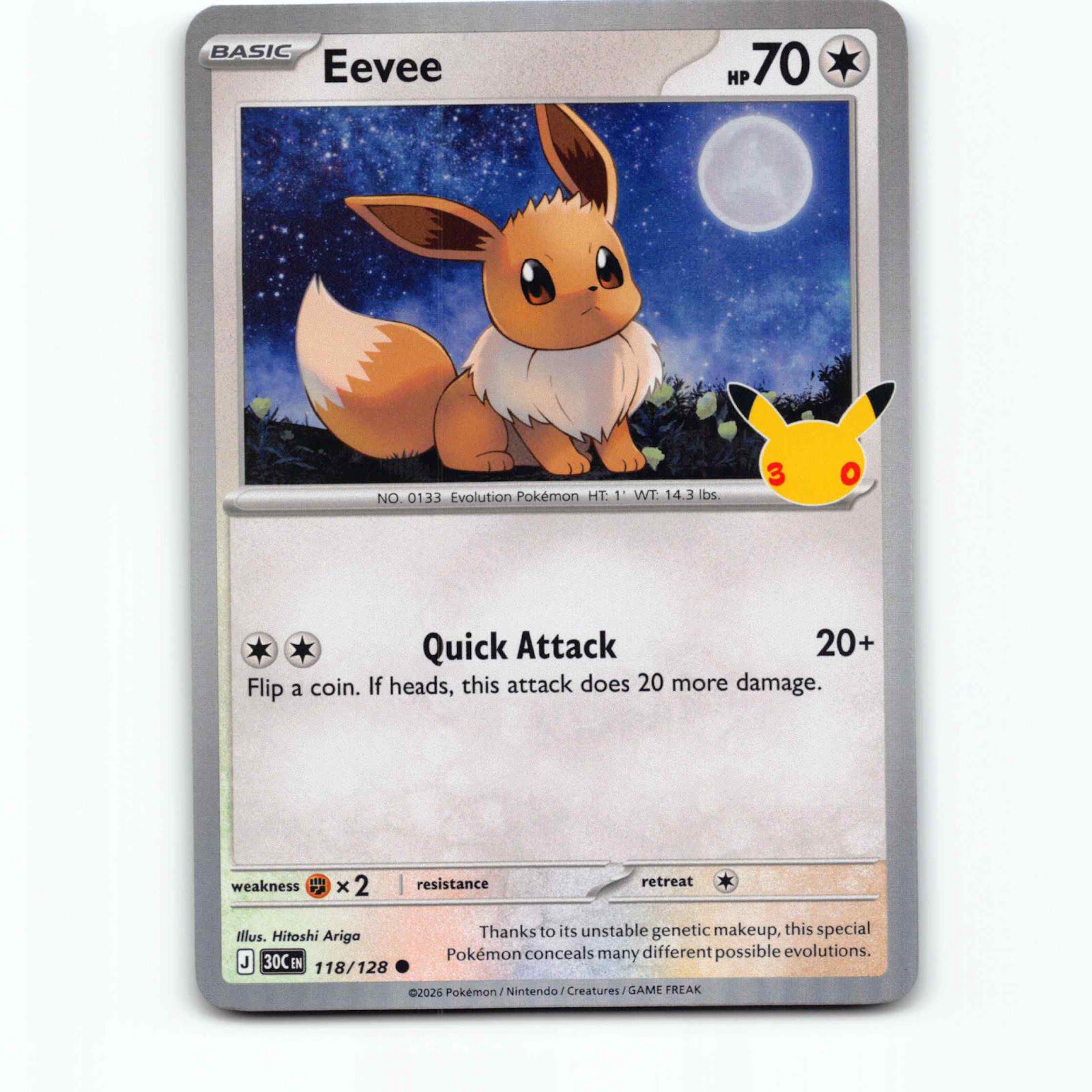 Eevee 118 Holo Pokémon 30C EN 118/128 30th Celebration Pokemon Kort