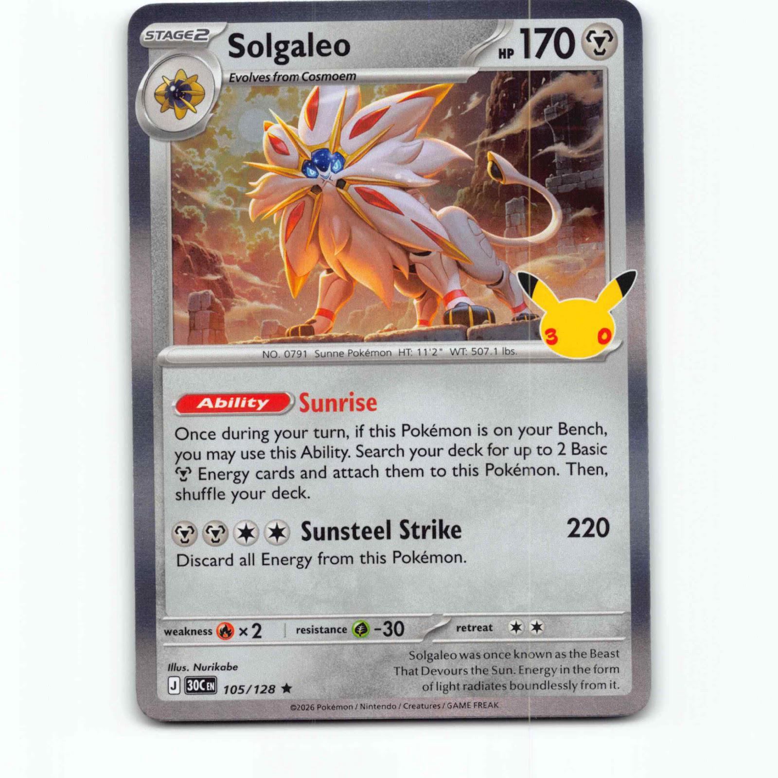 Solgaleo 105 Holo Pokémon 30C EN 105/128 30th Celebration Pokemon Kort