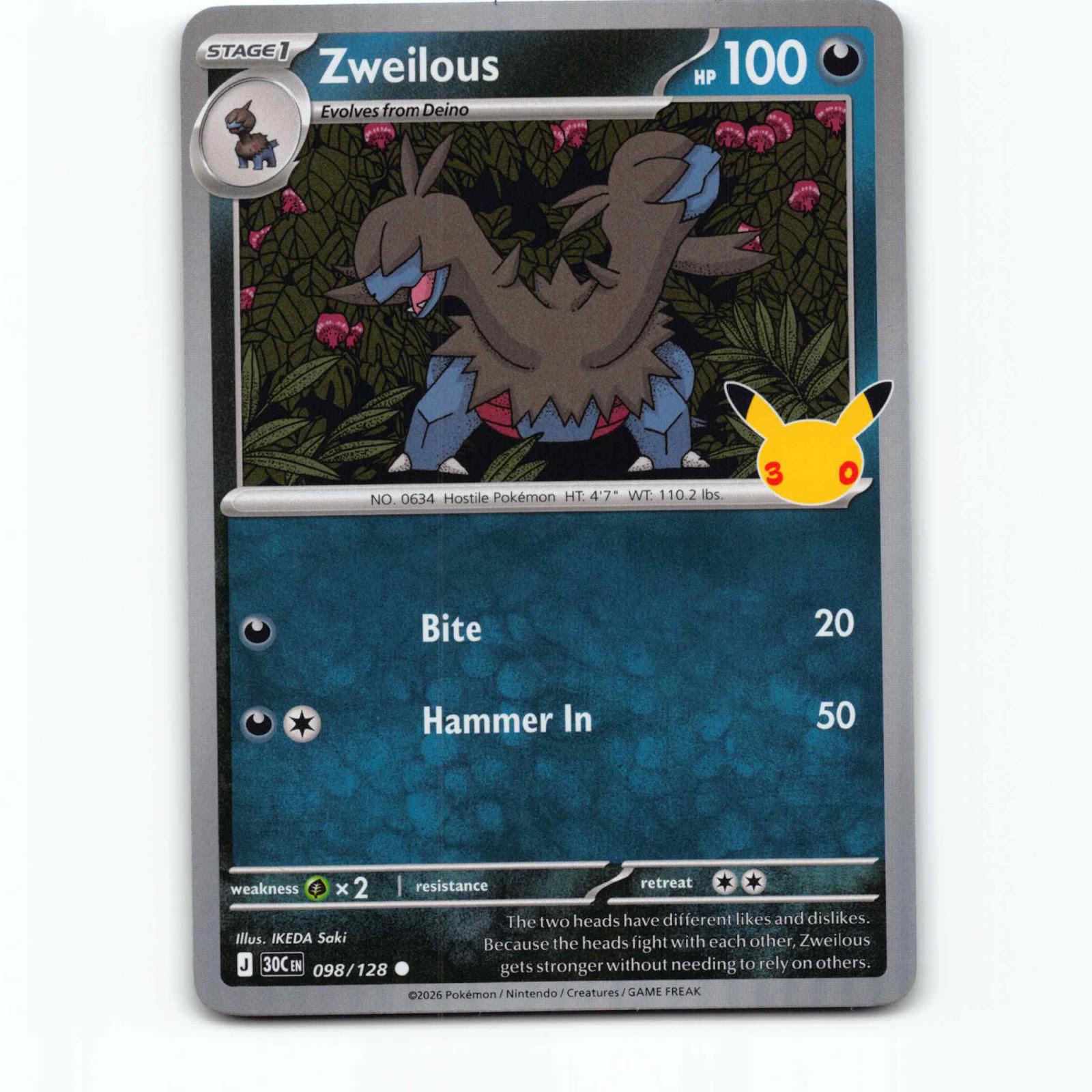 Zweilous 98 Holo Pokémon 30C EN 098/128 30th Celebration Pokemon Kort