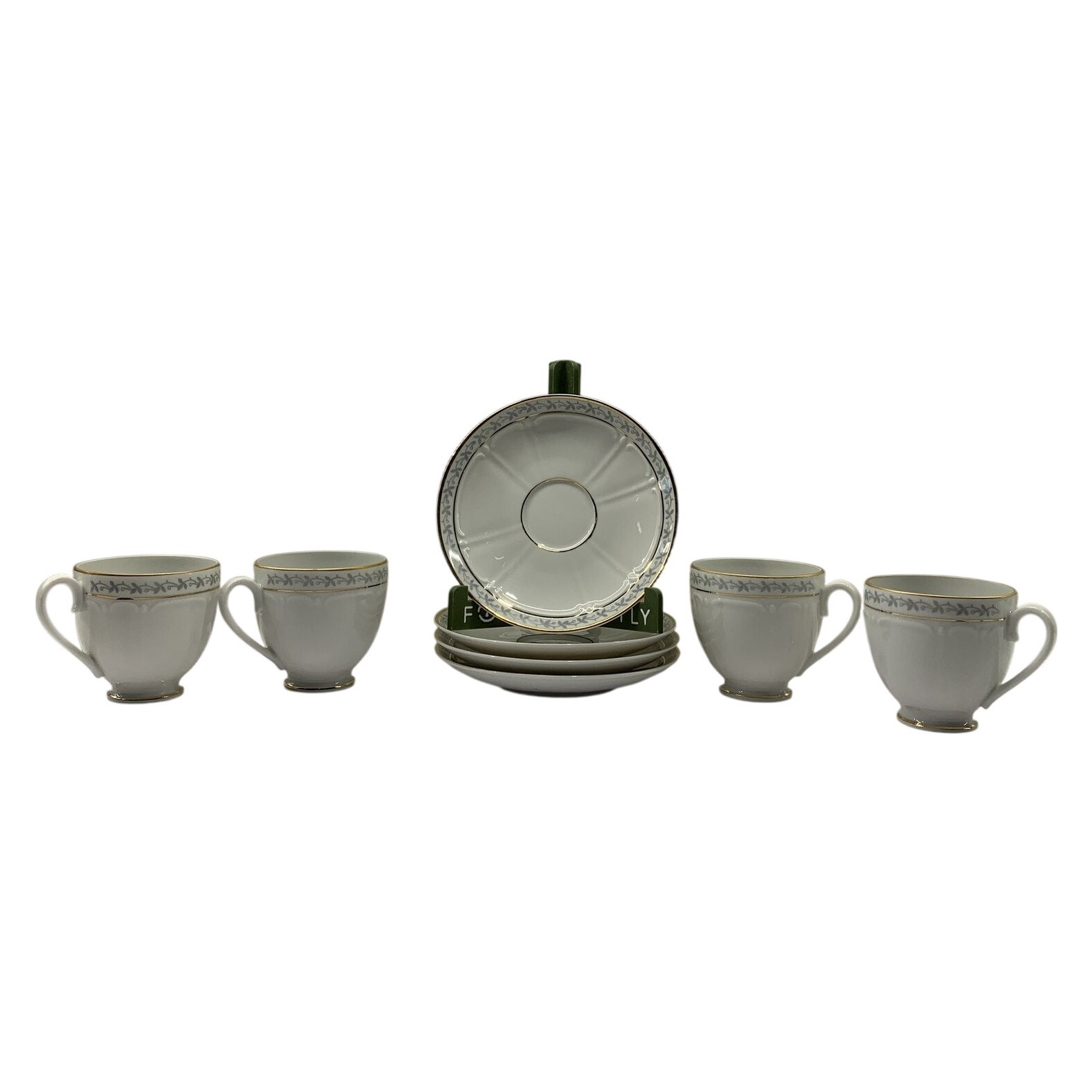 Upsala Ekeby Karlskrona 4 St Kaffekoppar Fat Porslin Vit Blå Gulddekor KP Sweden