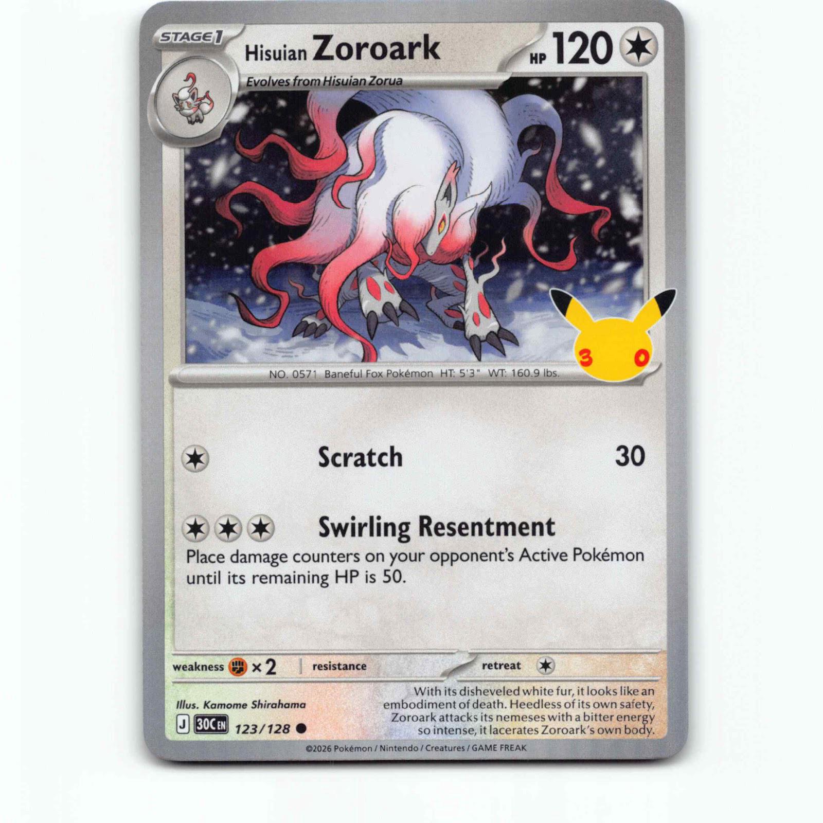 Hisuian Zoroark 123 Holo Pokémon 30C EN 123/128 30th Celebration Pokemon Kort