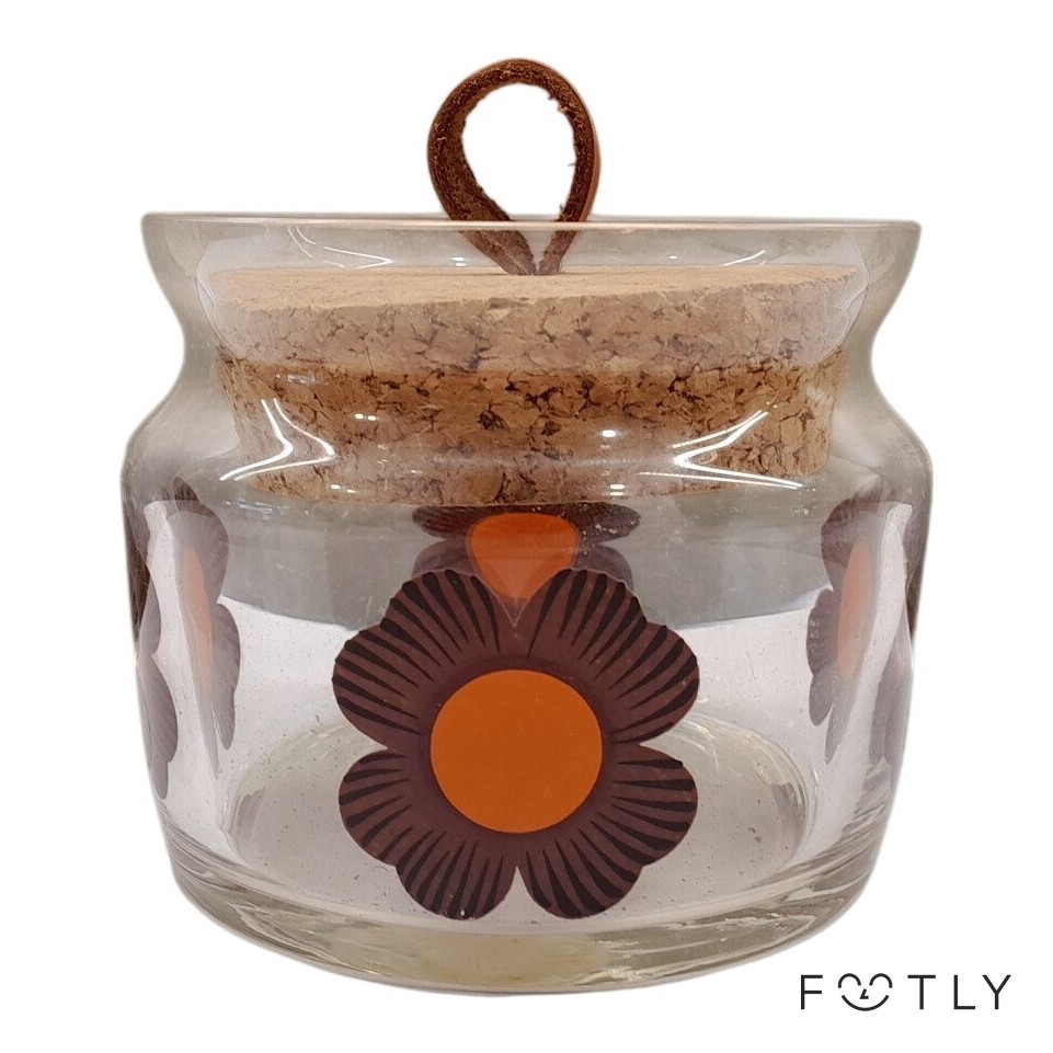 Burk Glas Korklock Blommor Orange Brun Vintage Glasburk Förvaring Retro