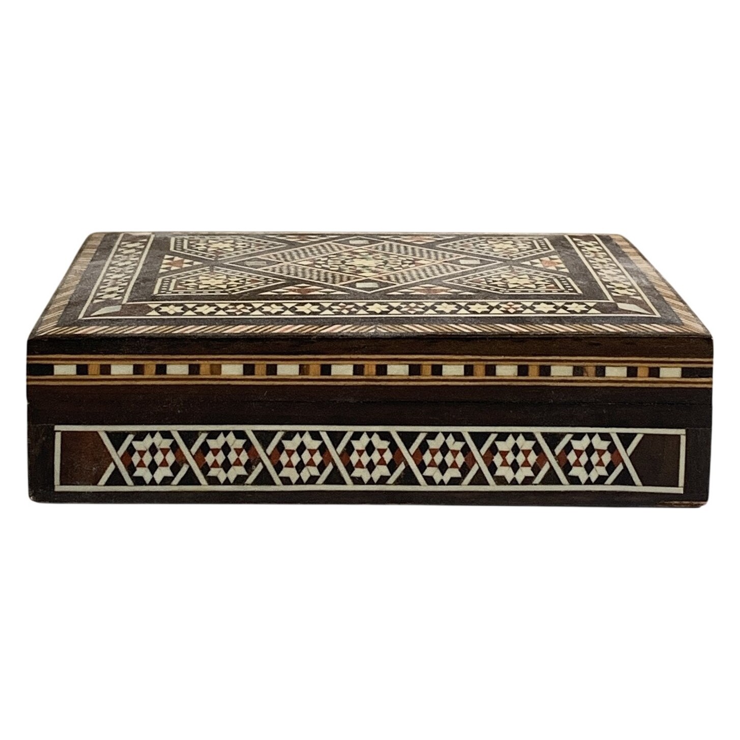 Smyckesask Trä Intarsia Orientaliskt Mönster Röd Sammet Inuti