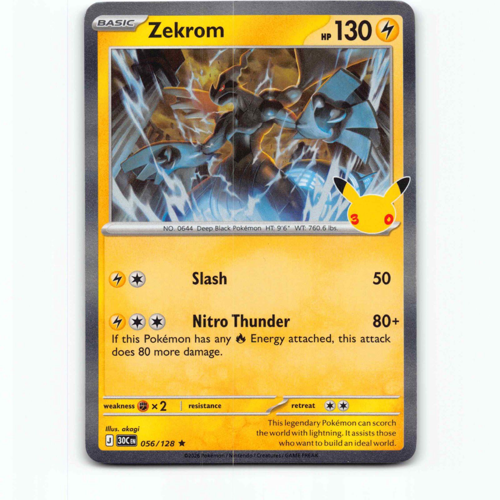Zekrom 56 Holo Pokémon 30C EN 056/128 30th Celebration Pokemon Kort