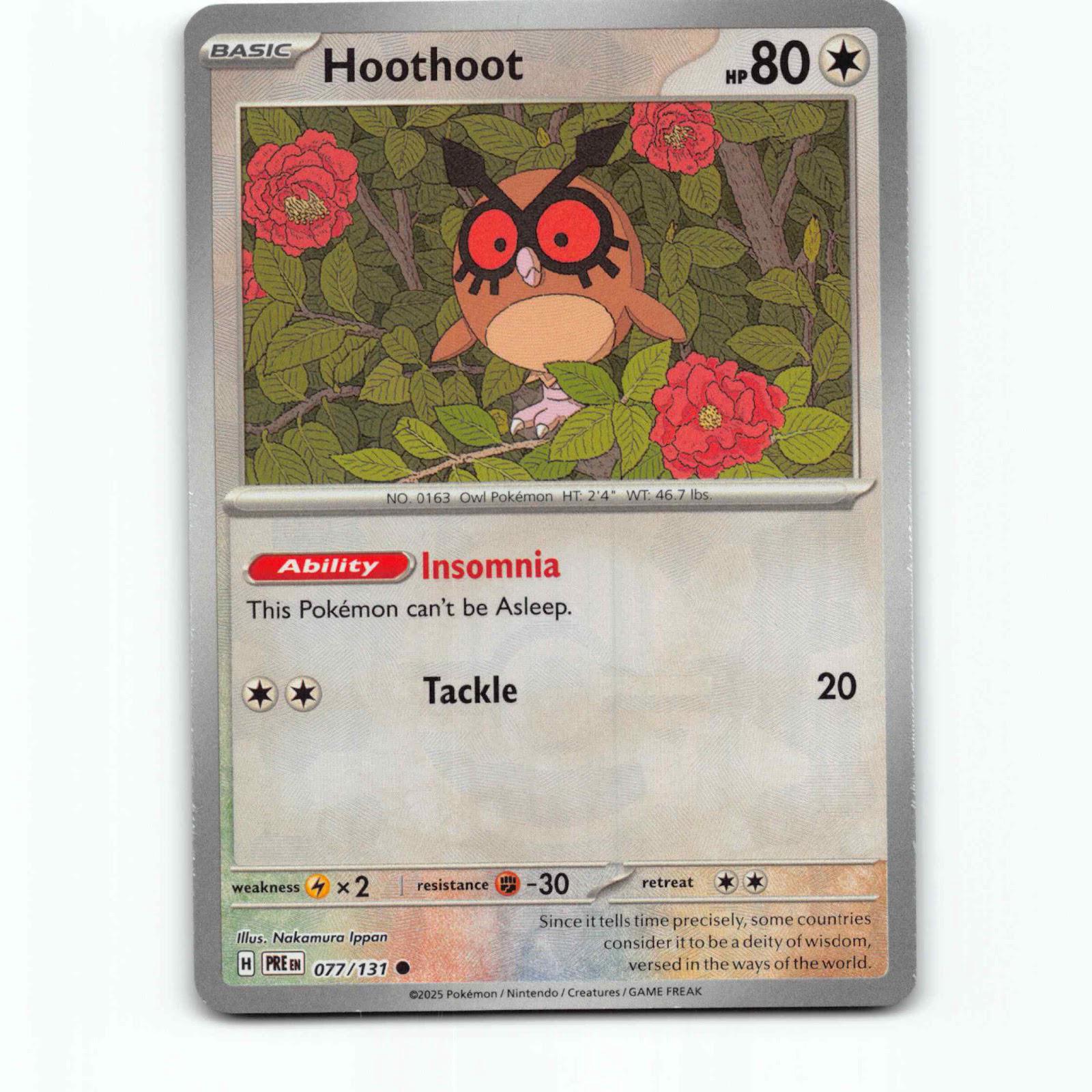 Hoothoot 077/131 Pokémon Reverse Holo Pokeball PRE EN Prismatic Evolutions Pokem