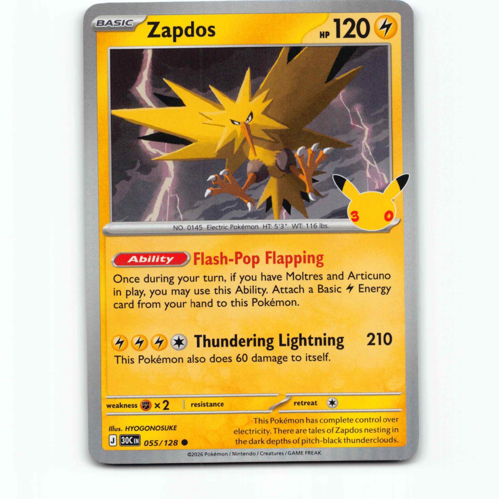 Zapdos 55 Holo Pokémon 30C EN 055/128 30th Celebration Pokemon Kort