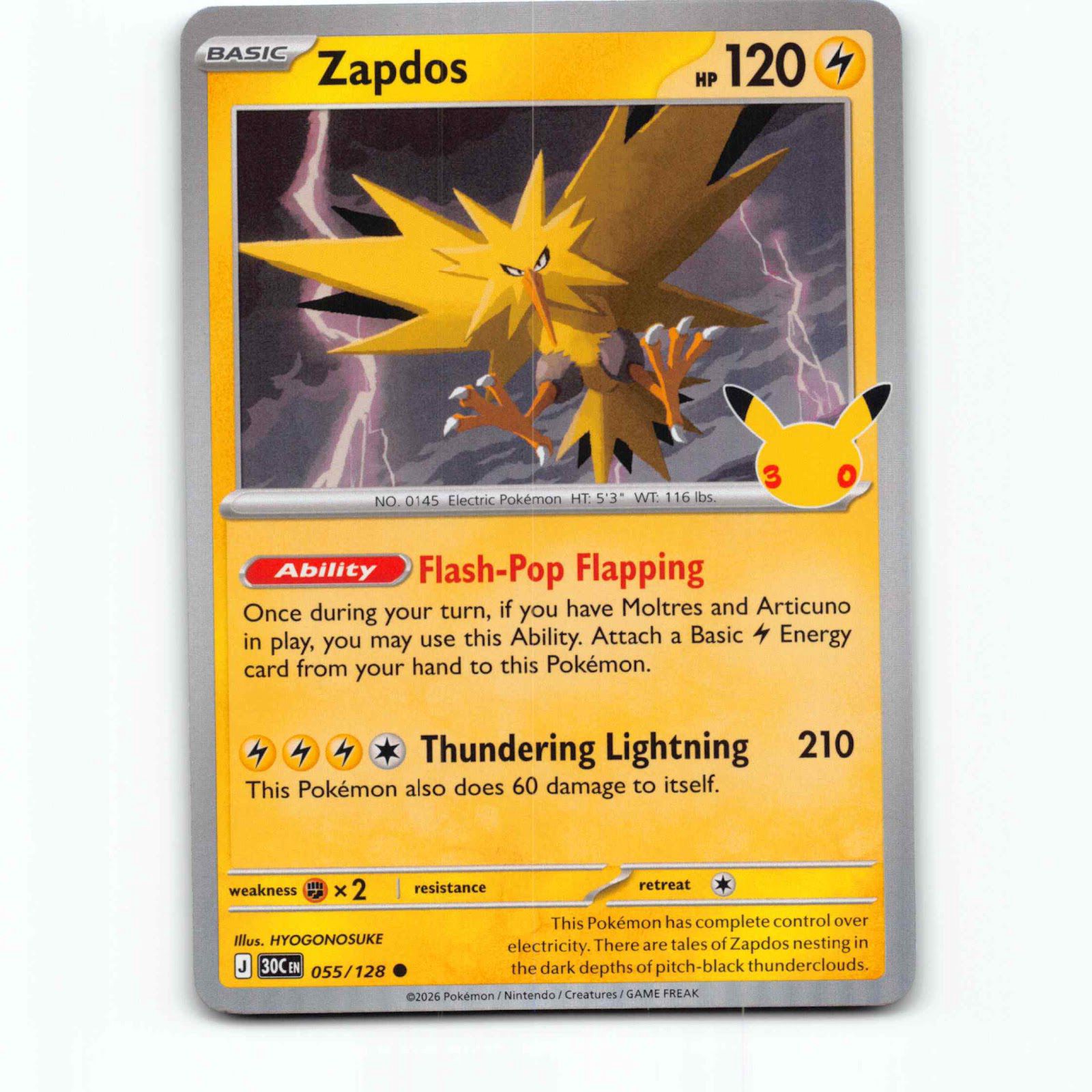 Zapdos 55 Holo Pokémon 30C EN 055/128 30th Celebration Pokemon Kort