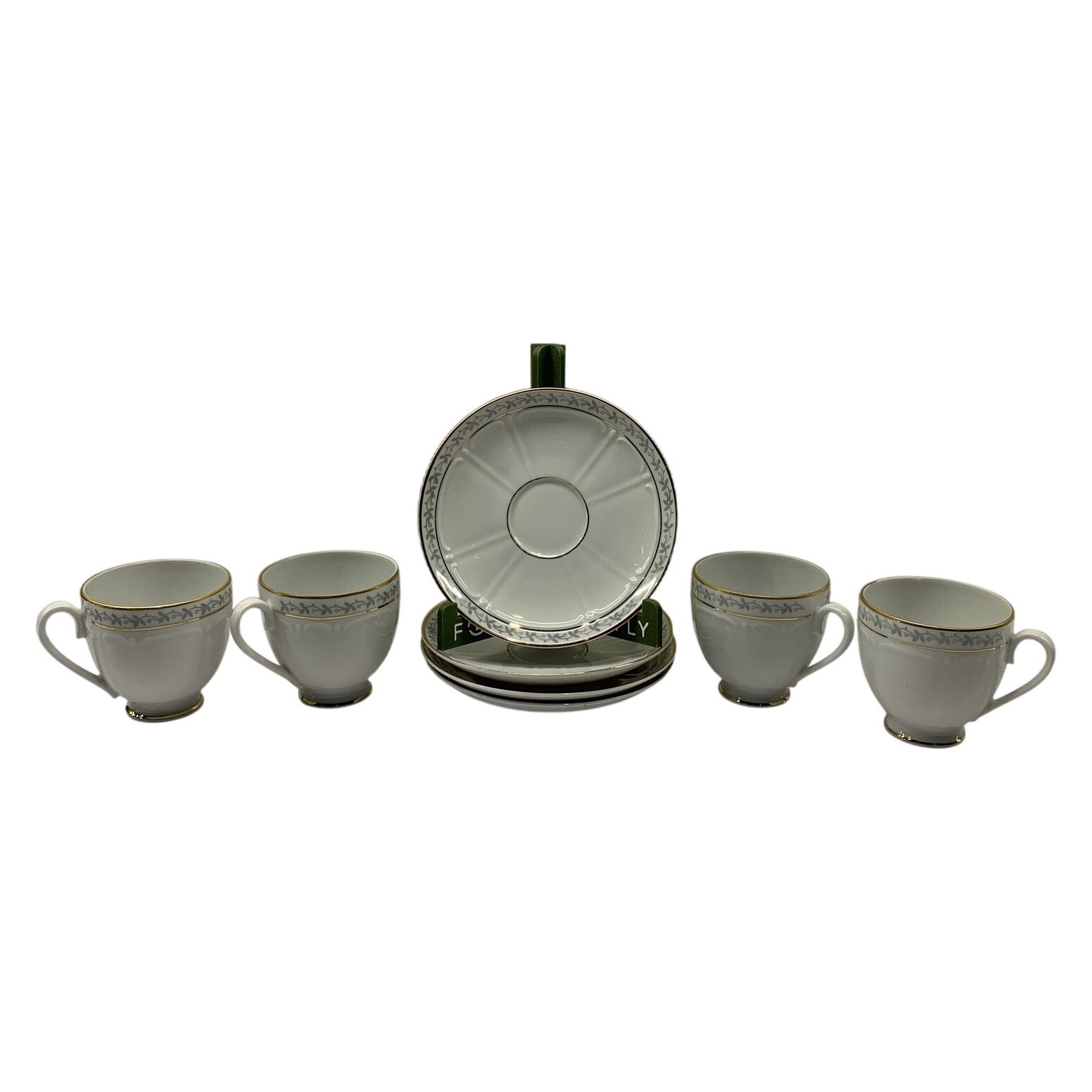 Upsala Ekeby Karlskrona 4 St Kaffekoppar Fat Porslin Blå Guld Vit KP Sweden