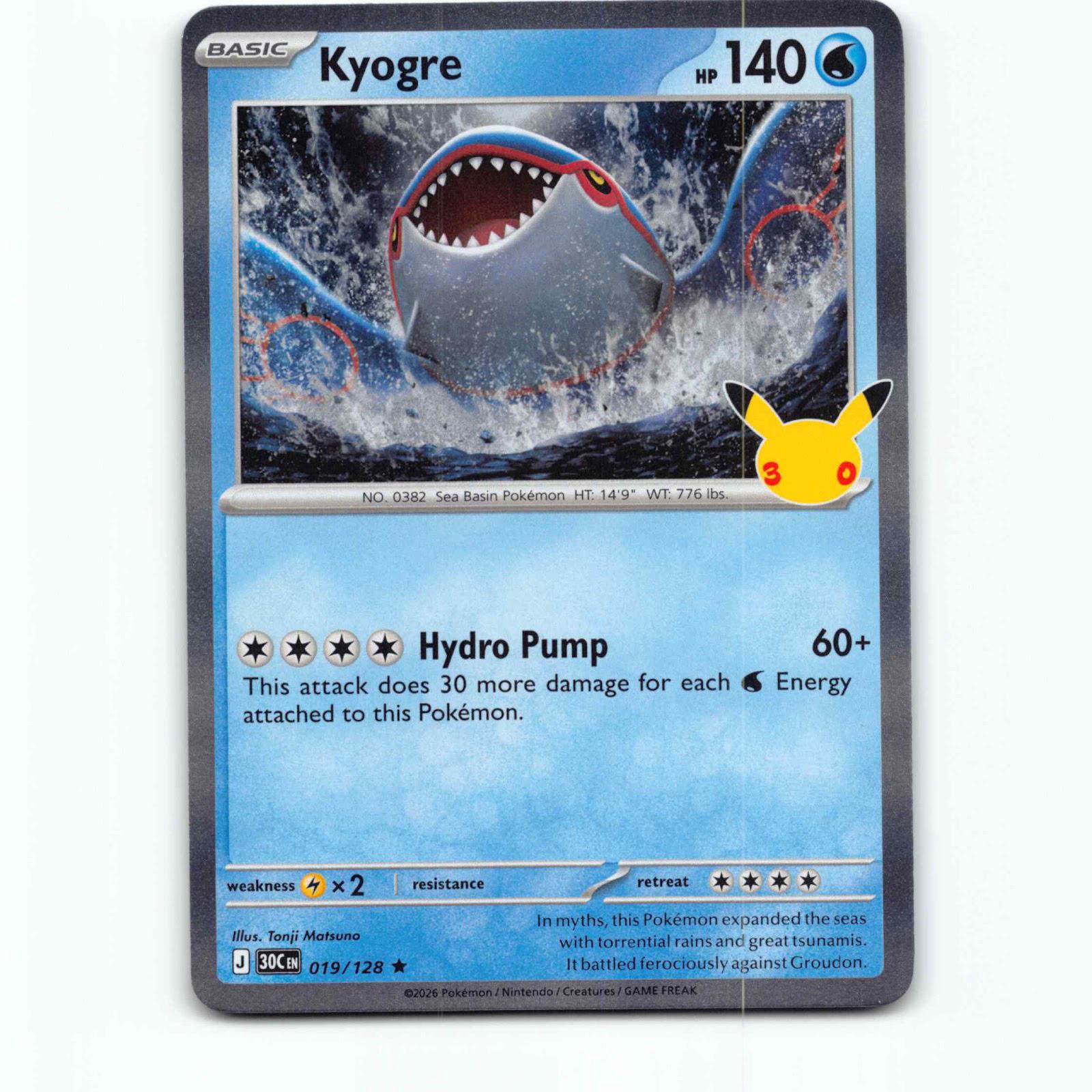 Kyogre 19 Holo Pokémon 30C EN 019/128 30th Celebration Pokemon Kort