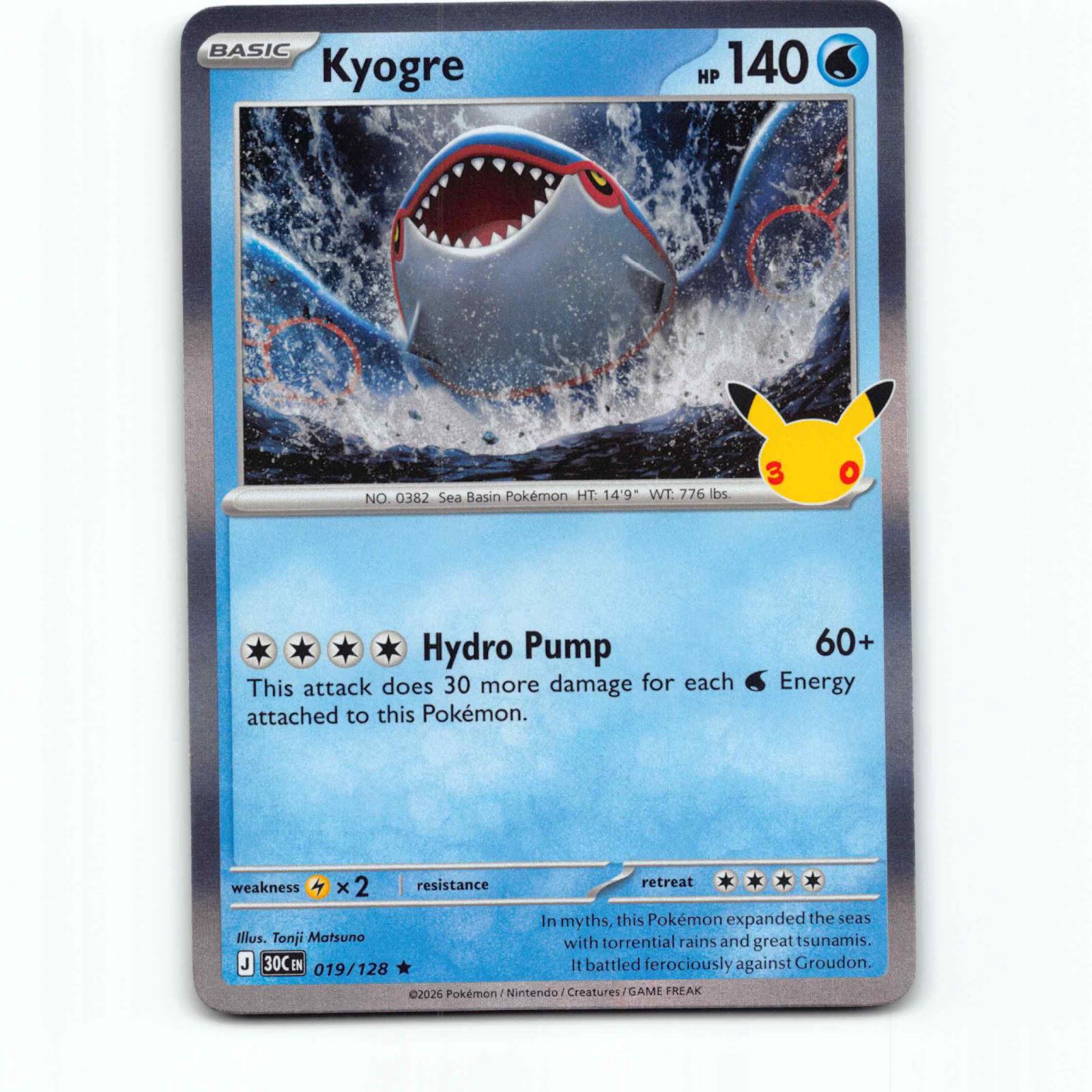 Kyogre 19 Holo Pokémon 30C EN 019/128 30th Celebration Pokemon Kort