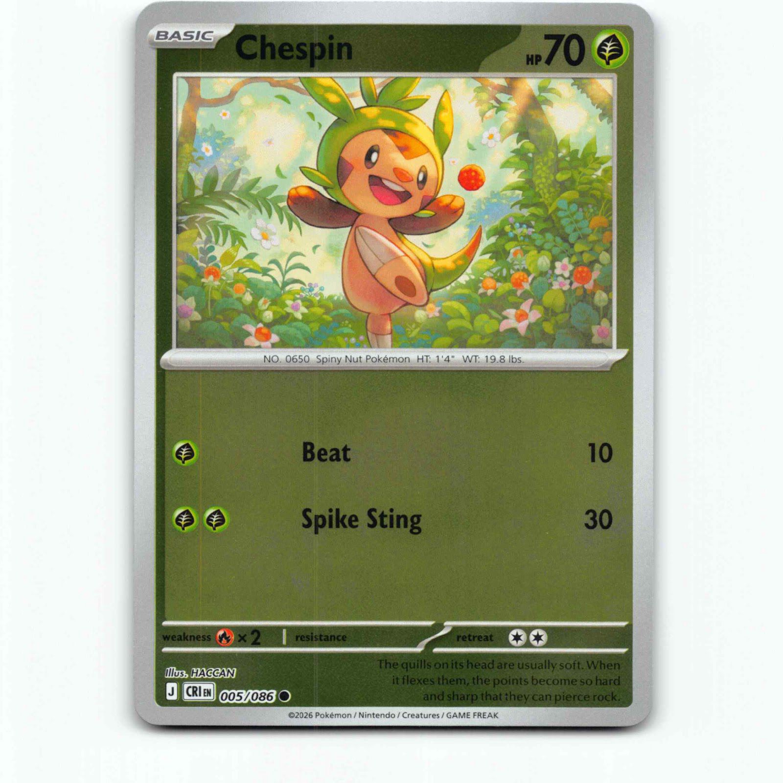 Chespin 5 Reverse Holo Pokémon CRI EN 005/086 Chaos Rising Pokemon Kort