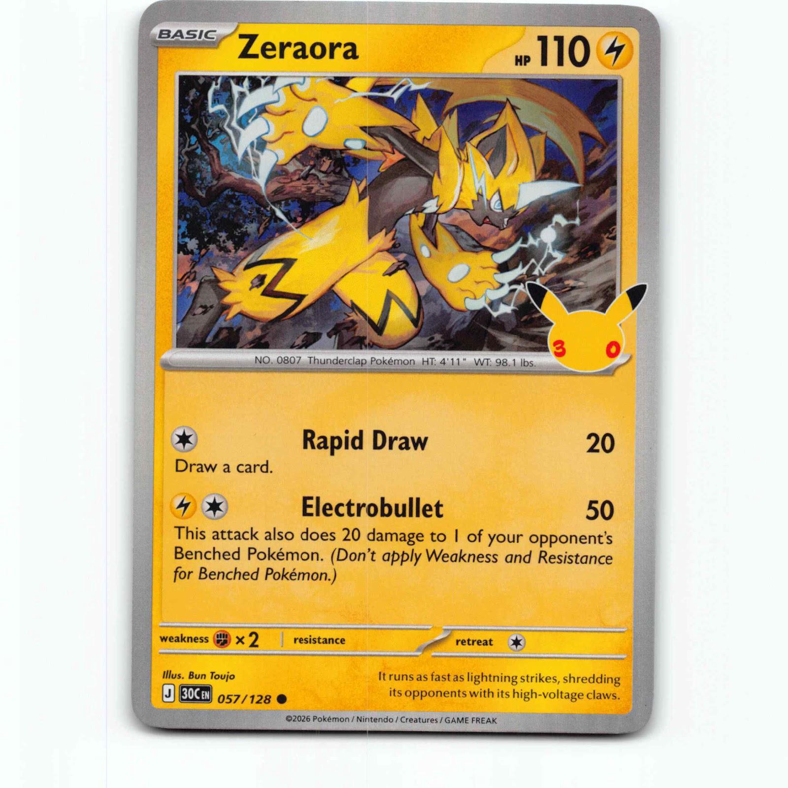 Zeraora 57 Holo Pokémon 30C EN 057/128 30th Celebration Pokemon Kort