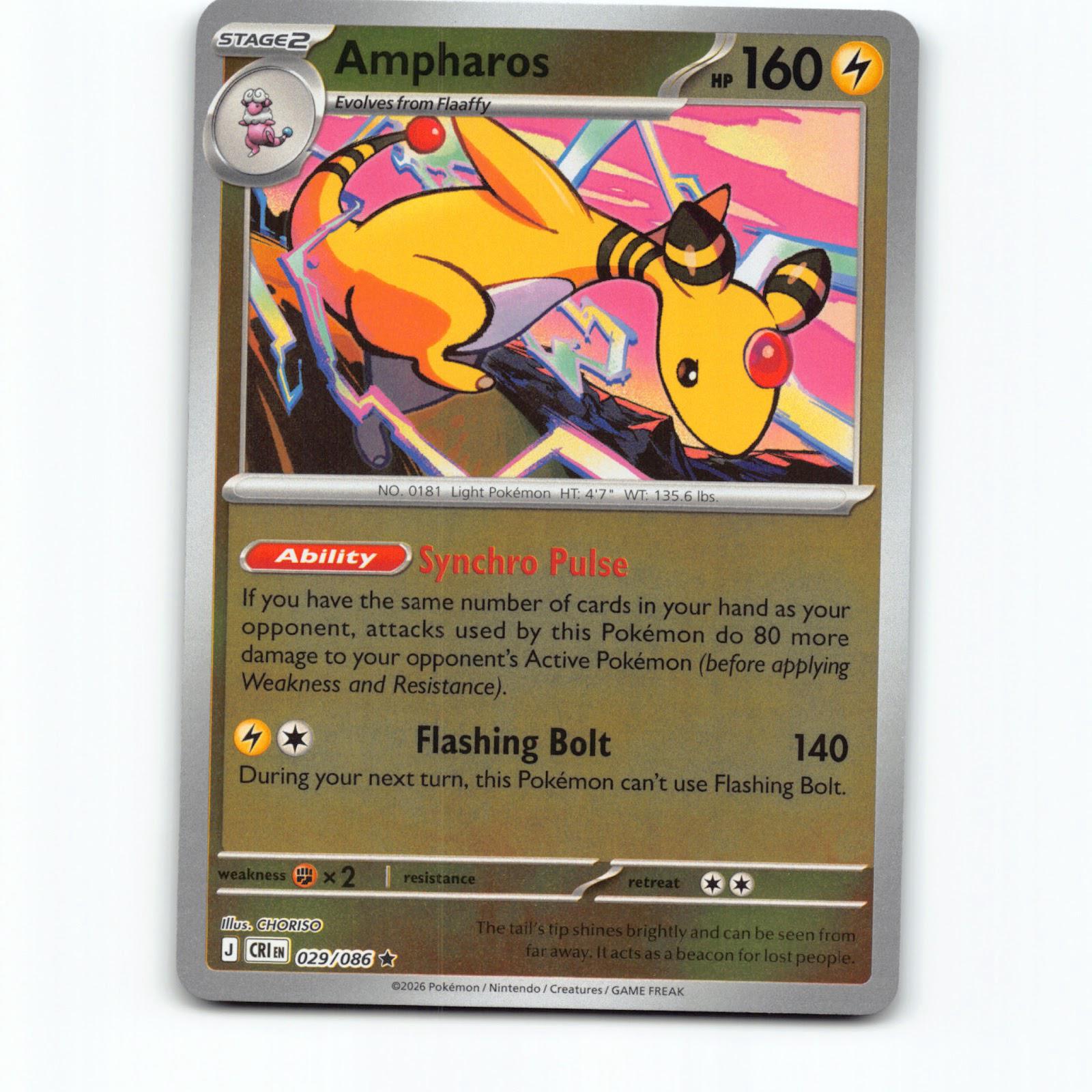 Pokémon Ampharos CRI EN 029/086 Reverse Holo Pokemon Kort Chaos Rising Mega Evol