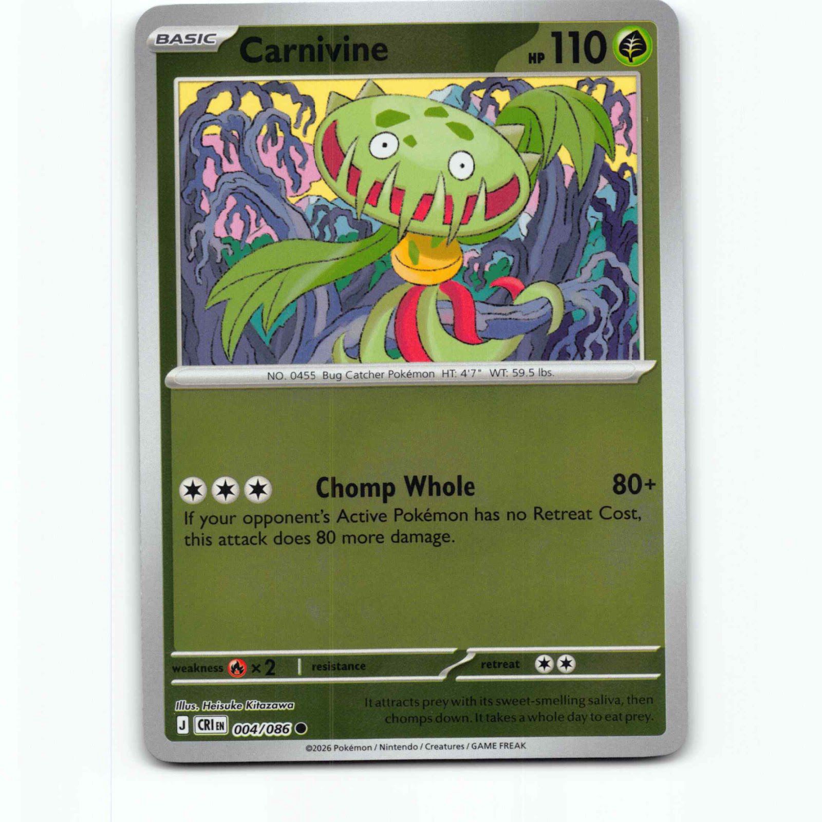 Carnivine 4 Reverse Holo Pokémon CRI EN 004/086 Chaos Rising Pokemon Kort