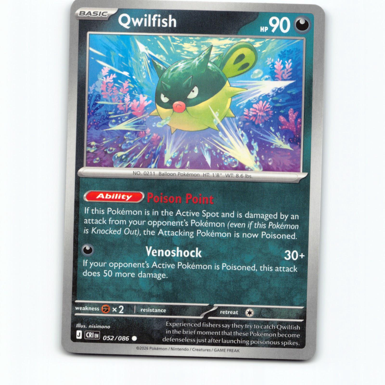 Pokémon Qwilfish CRI EN 052/086 Pokemon Kort Chaos Rising Mega Evolution