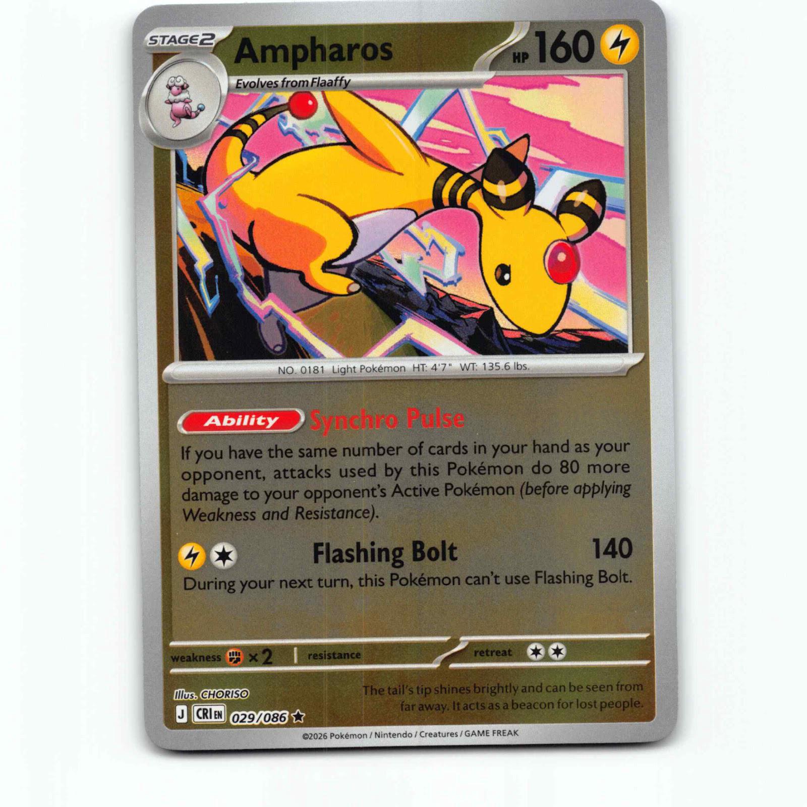 Ampharos 29 Reverse Holo Pokémon CRI EN 029/086 Chaos Rising Pokemon Kort