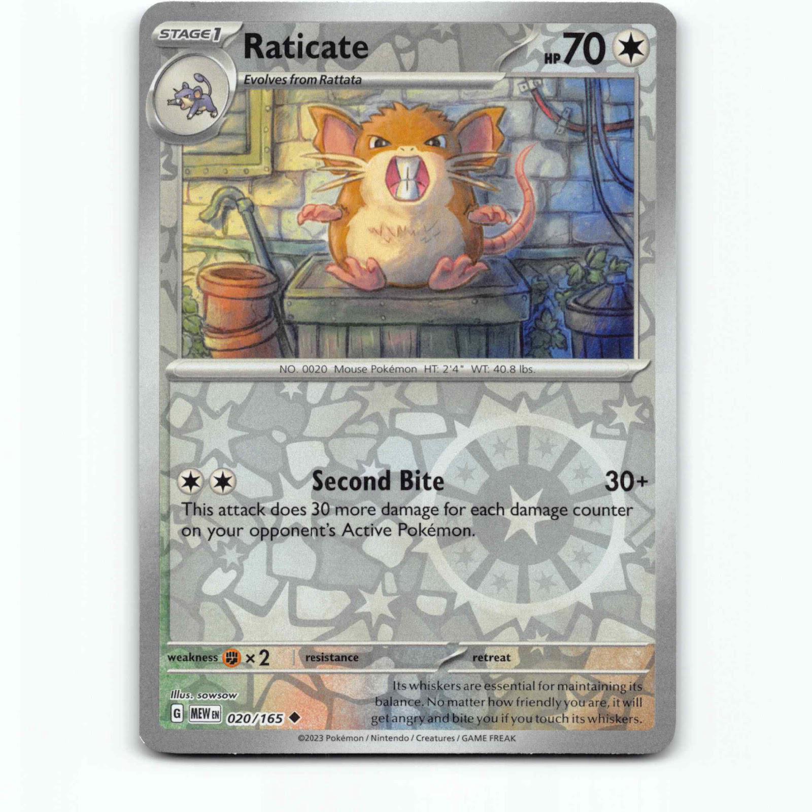 Raticate 20 Reverse Holo Pokémon MEW EN 020/165 151 Pokemon Kort